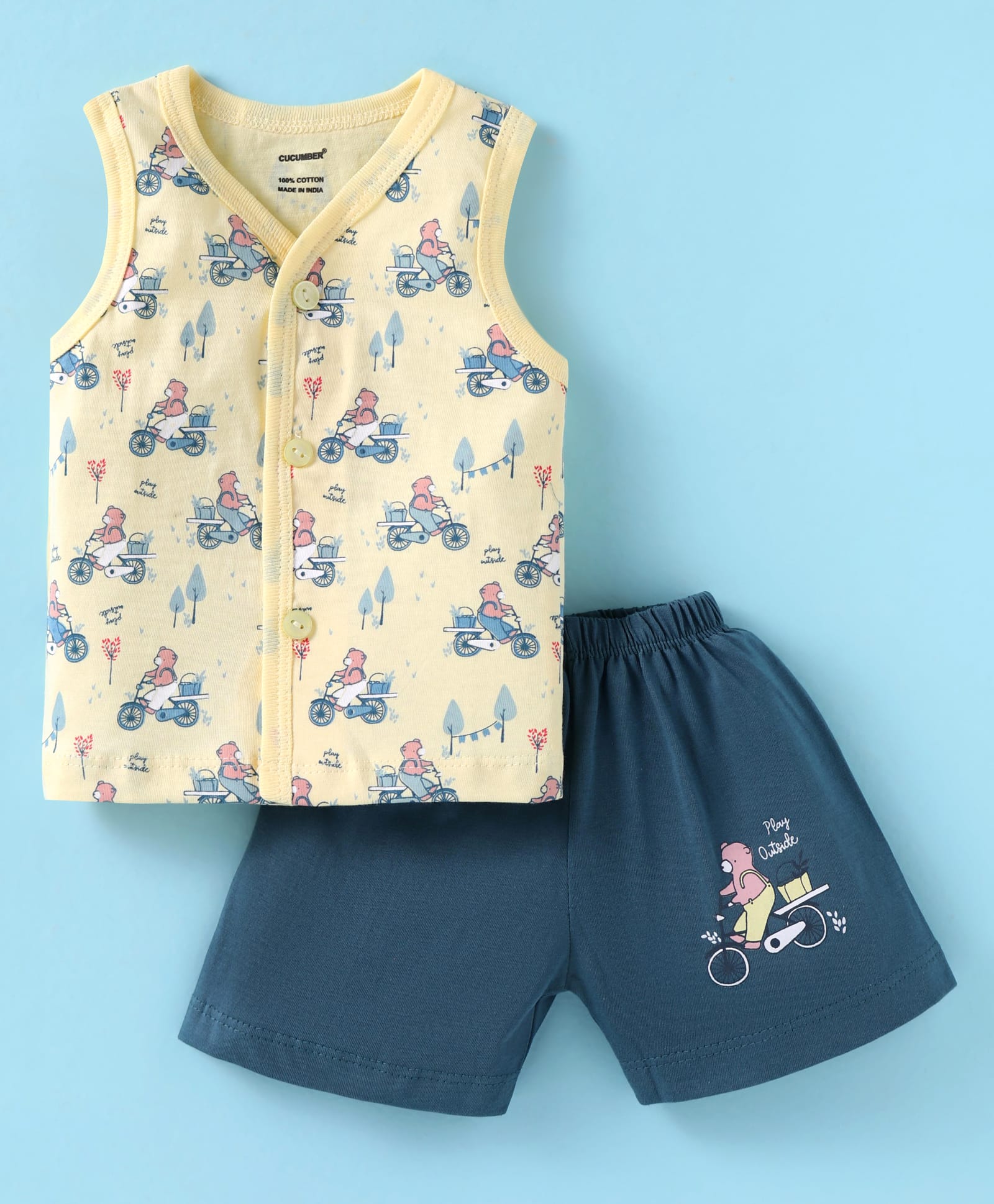 CUCUMBER Sinker Sleeveless Night Suit With Bear Print - Yellow & Dark Blue-image-39