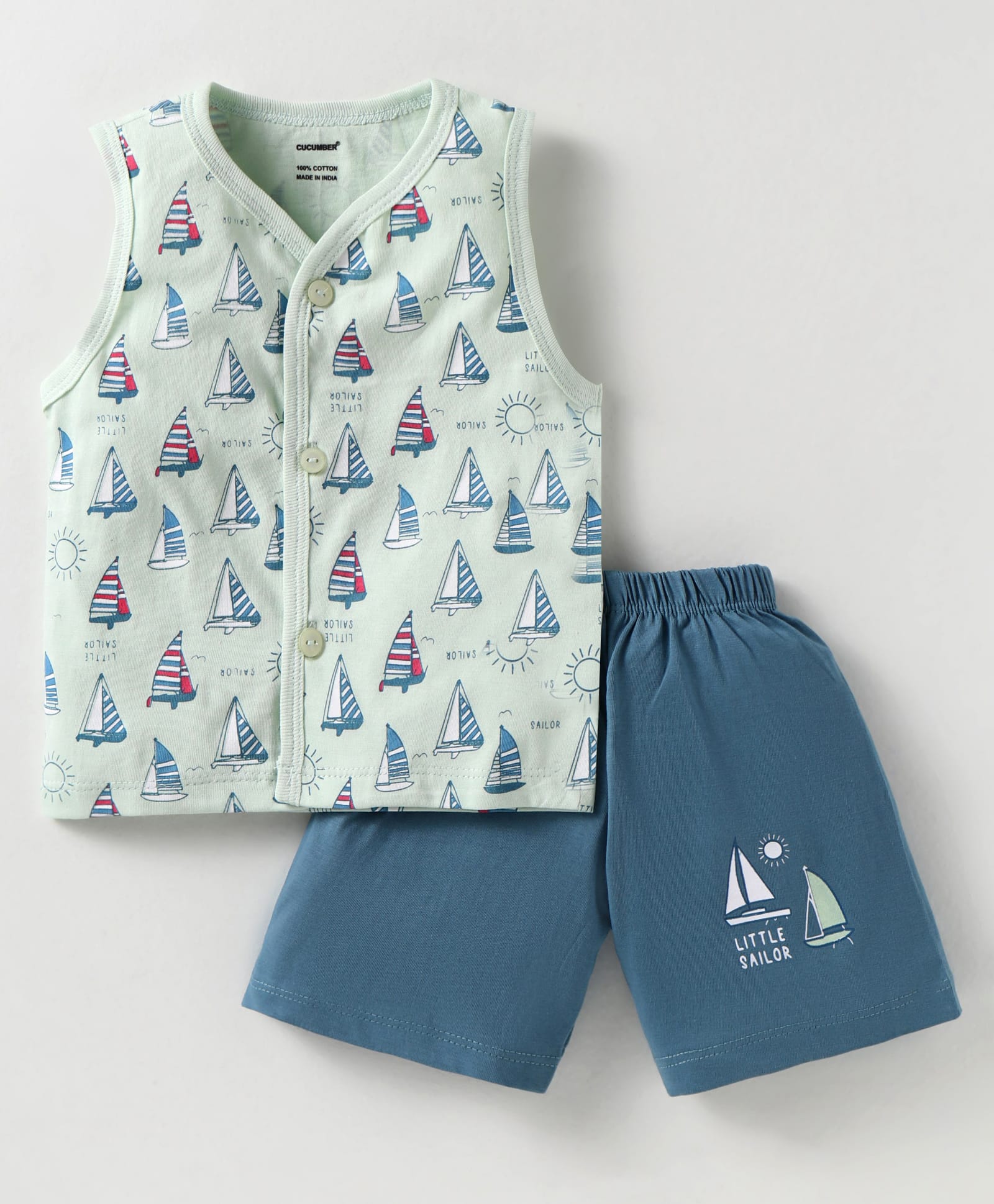 CUCUMBER Sinker Sleeveless Night Suit With Beach Theme Print - Sea Green-image-2