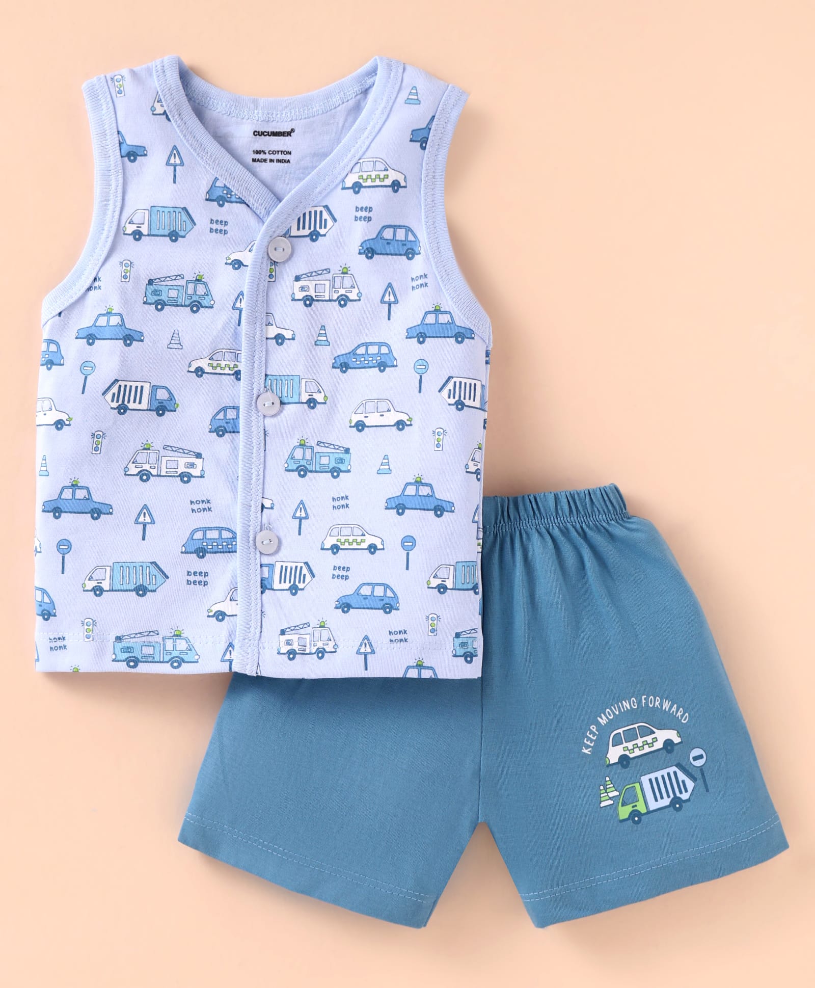 CUCUMBER Sinker Sleeveless Night Suit With Vehicle Print - Light Blue-image-0