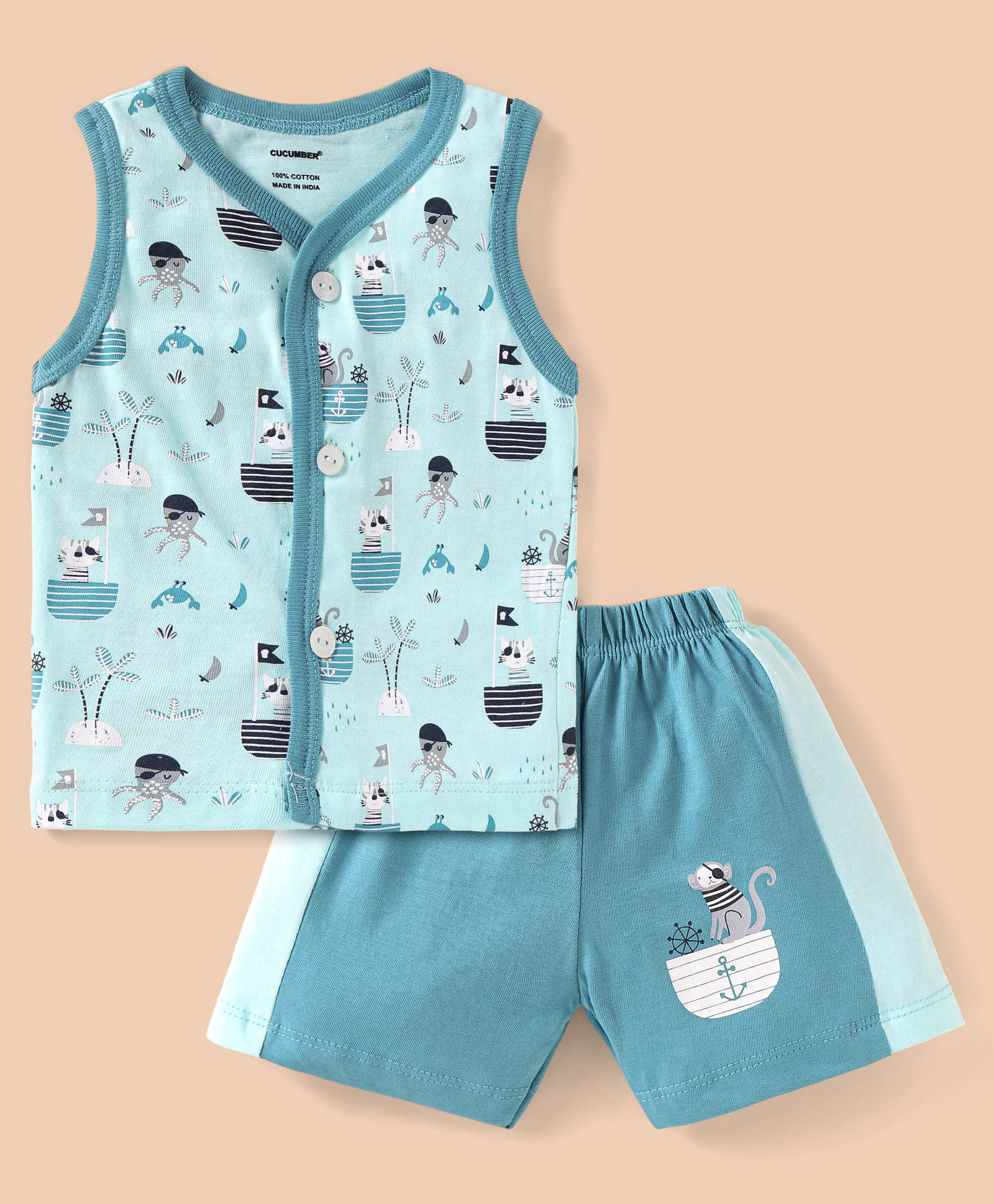 CUCUMBER Sinker Knit Sleeveless Sea Life Theme Printed Shorts Night Suit - Light Blue-picture-21