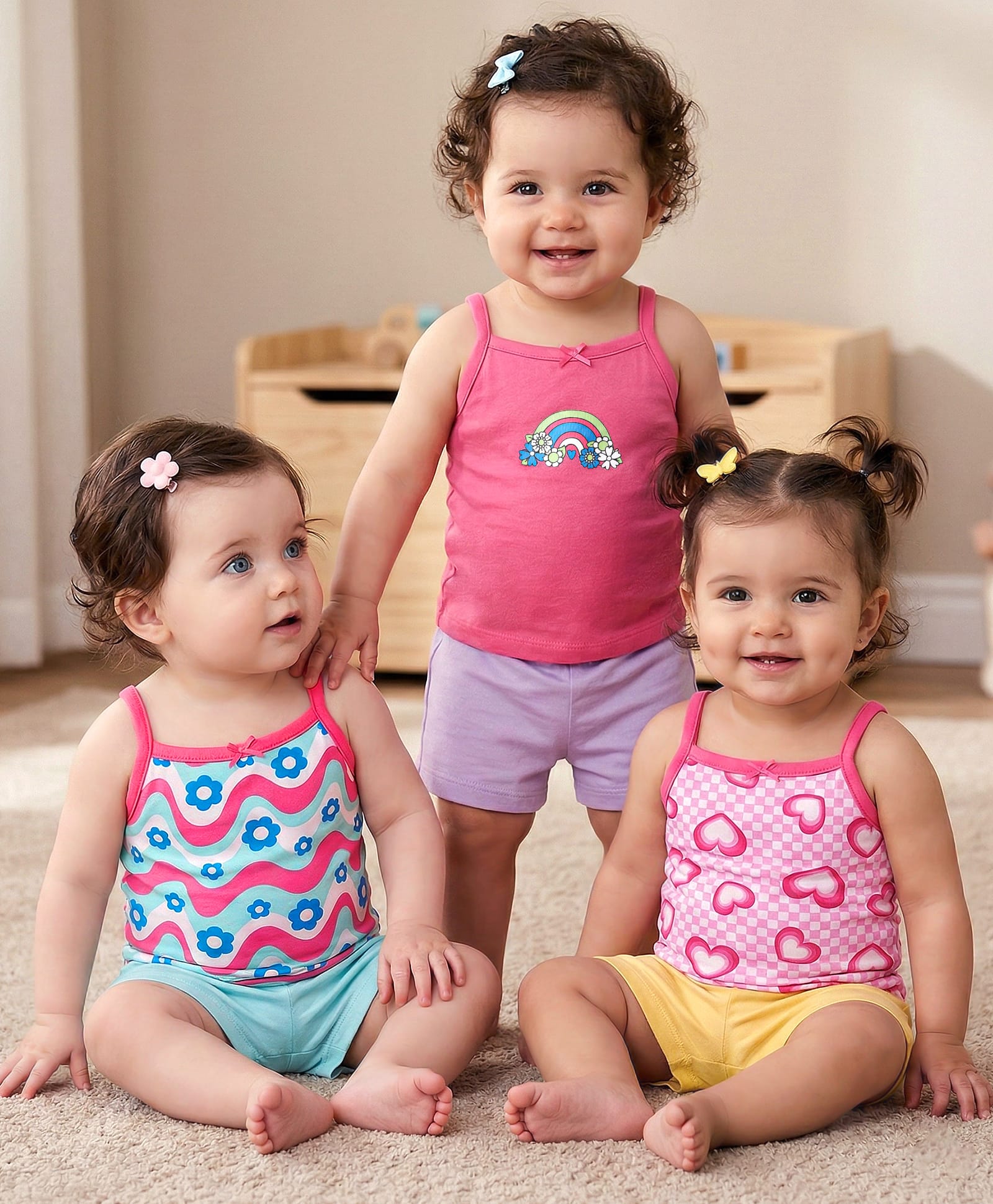 Babyoye Cotton Elastane Knit Sleeveless Slips With Heart & Floral Print - Pink & Light Blue-image-45