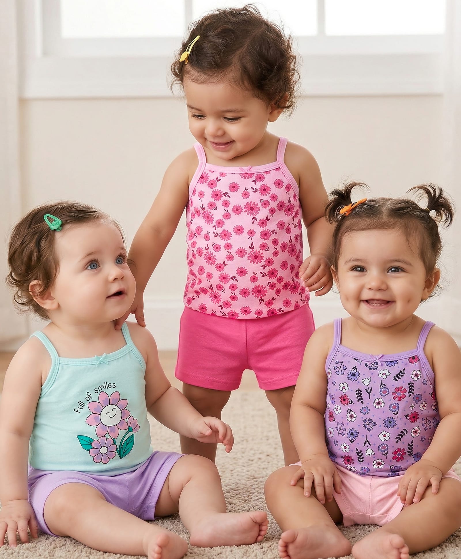 Babyoye Cotton Elastane Knit Sleeveless Slips With Floral Print Pack Of 3 - Purple Pink & Light Blue-image-25