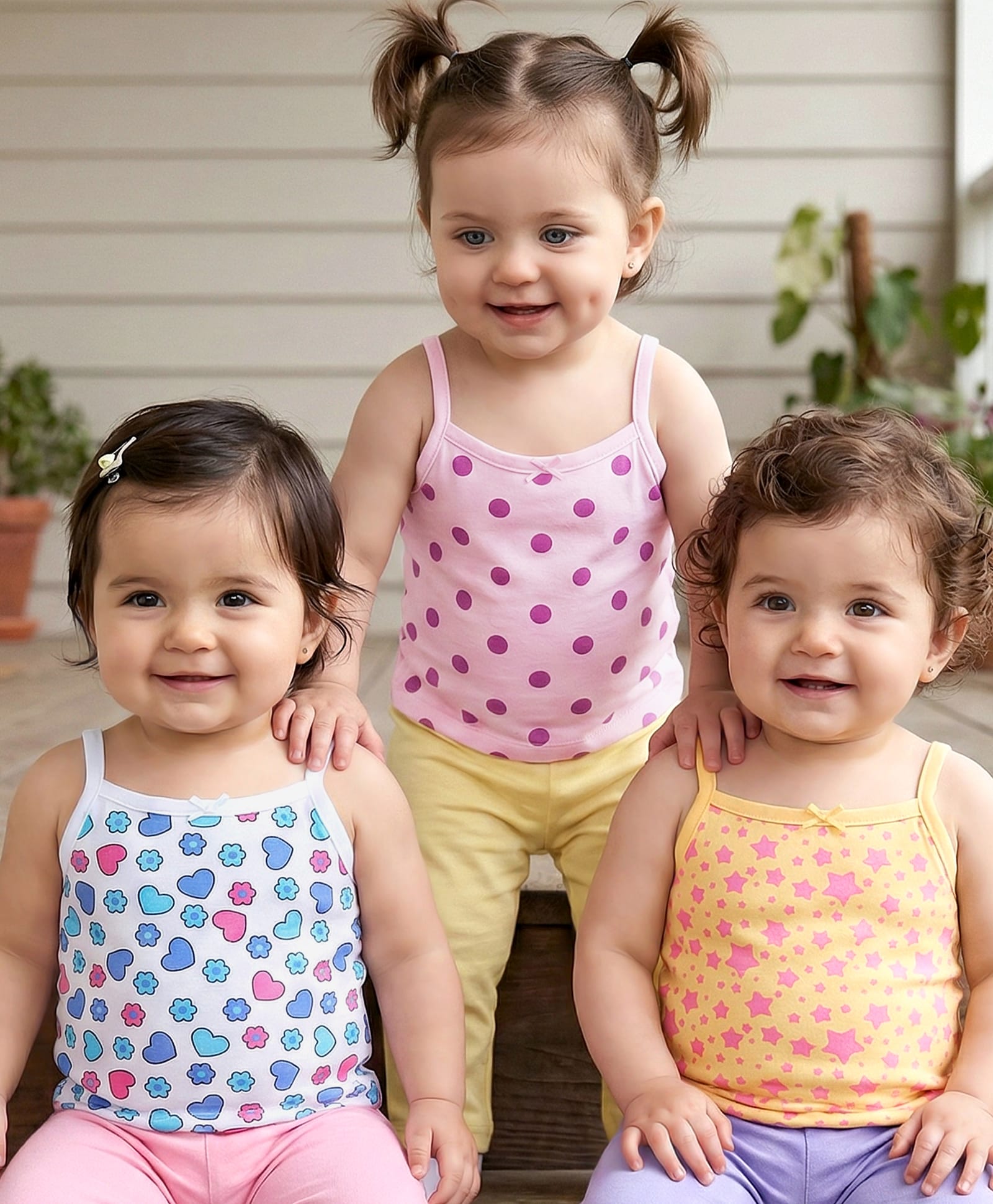 Babyoye Cotton Elastane Knit Sleeveless Slips with Floral Hearts & Polka Dots Print Pack of 3 - Yellow Pink & White-picture-17