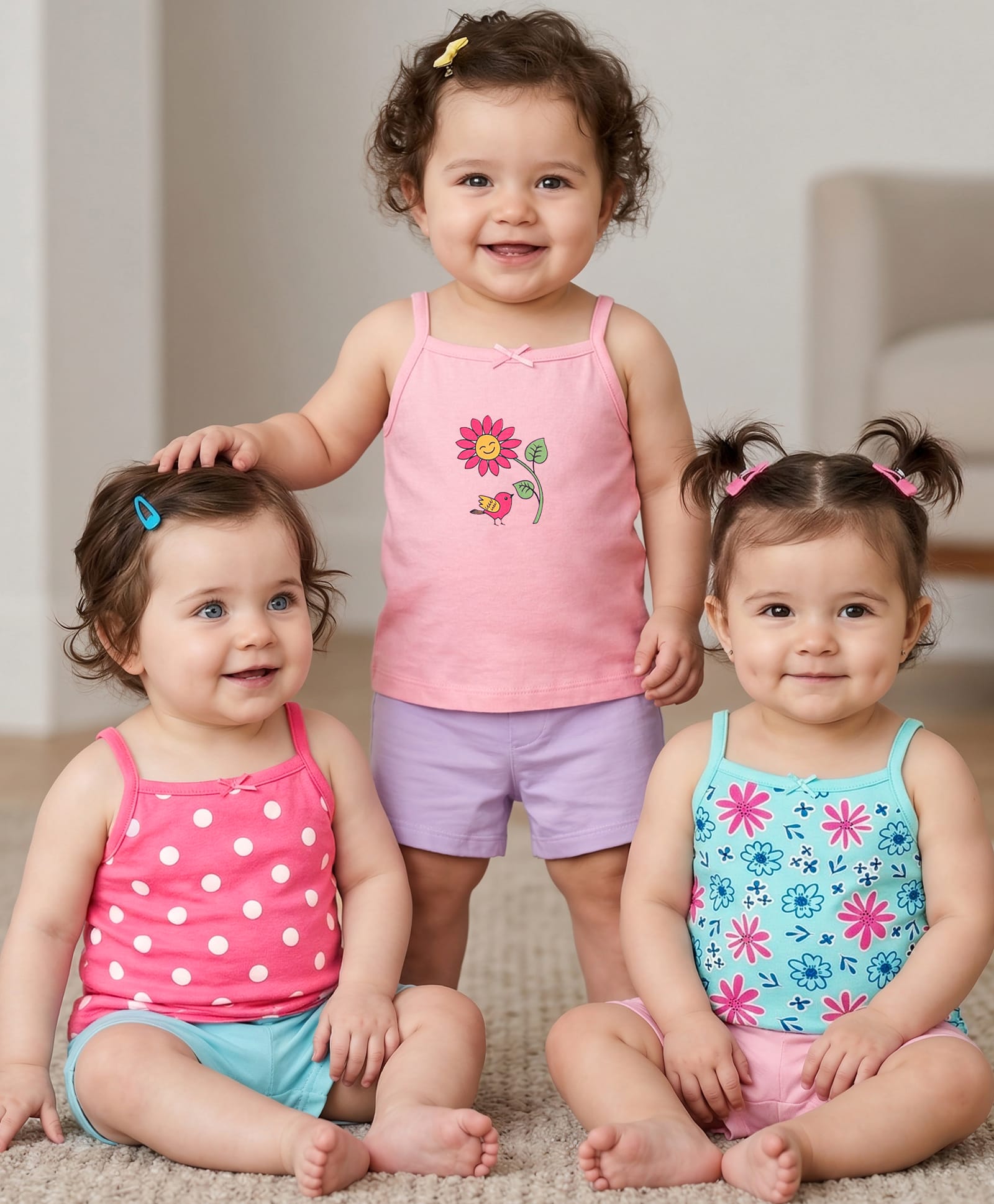 Babyoye Cotton Elastane Knit Sleeveless Slips With Polka Dots & Floral Print Pack Of 3 - Pink & Light Blue-image-38