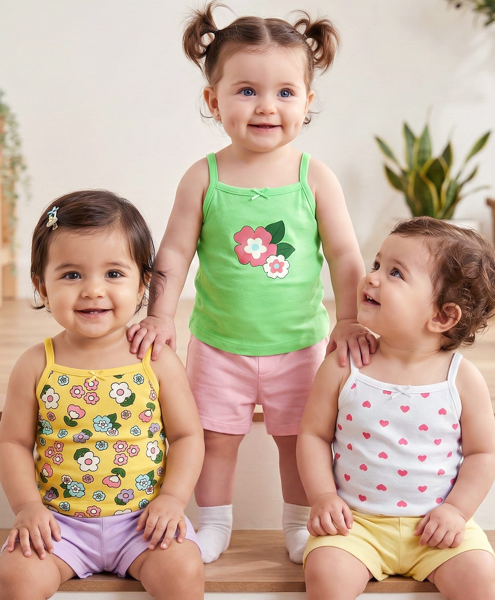 Babyoye Cotton Elastane Knit Sleeveless Slips With Floral & Heart Print Pack Of 3 - Green White & Yellow-image-44
