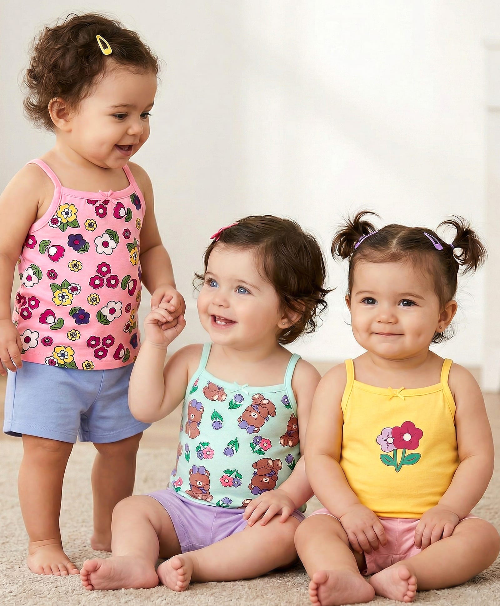 Babyoye Cotton Elastane Knit Sleeveless Slips With Floral & Bear Print Pack Of 3 - Yellow Pink & Light Blue-picture-25