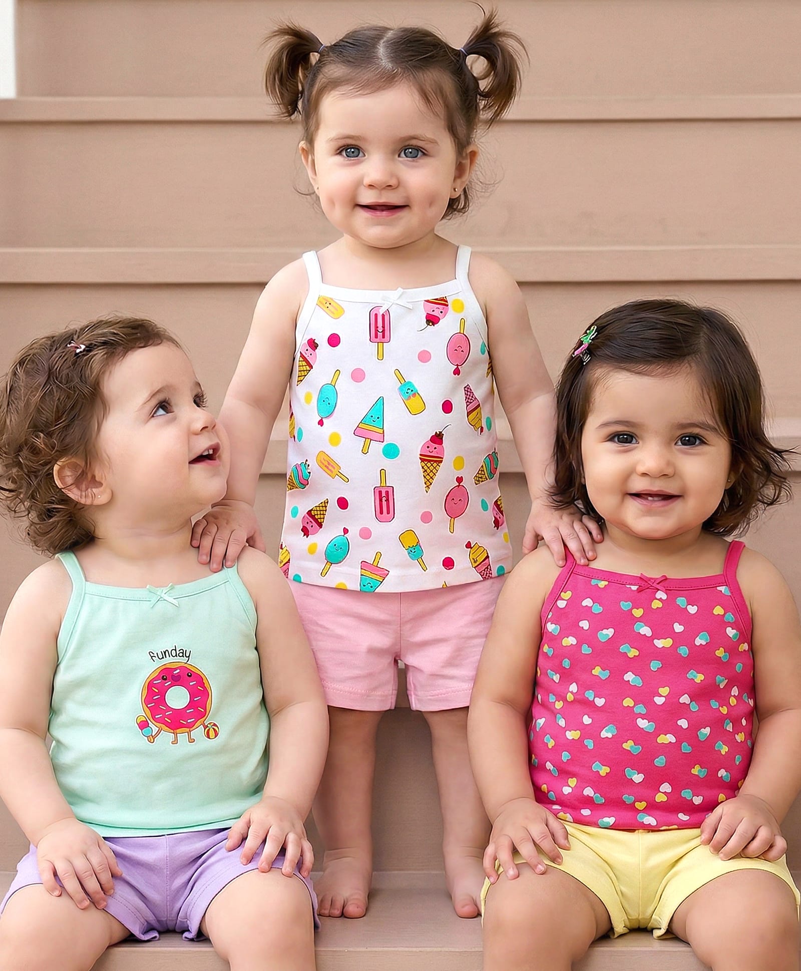 Babyoye Cotton Elastane Knit Sleeveless Slips With Heart & Ice Cream Print Pack Of 3 - Pink White & Light Green-image-49