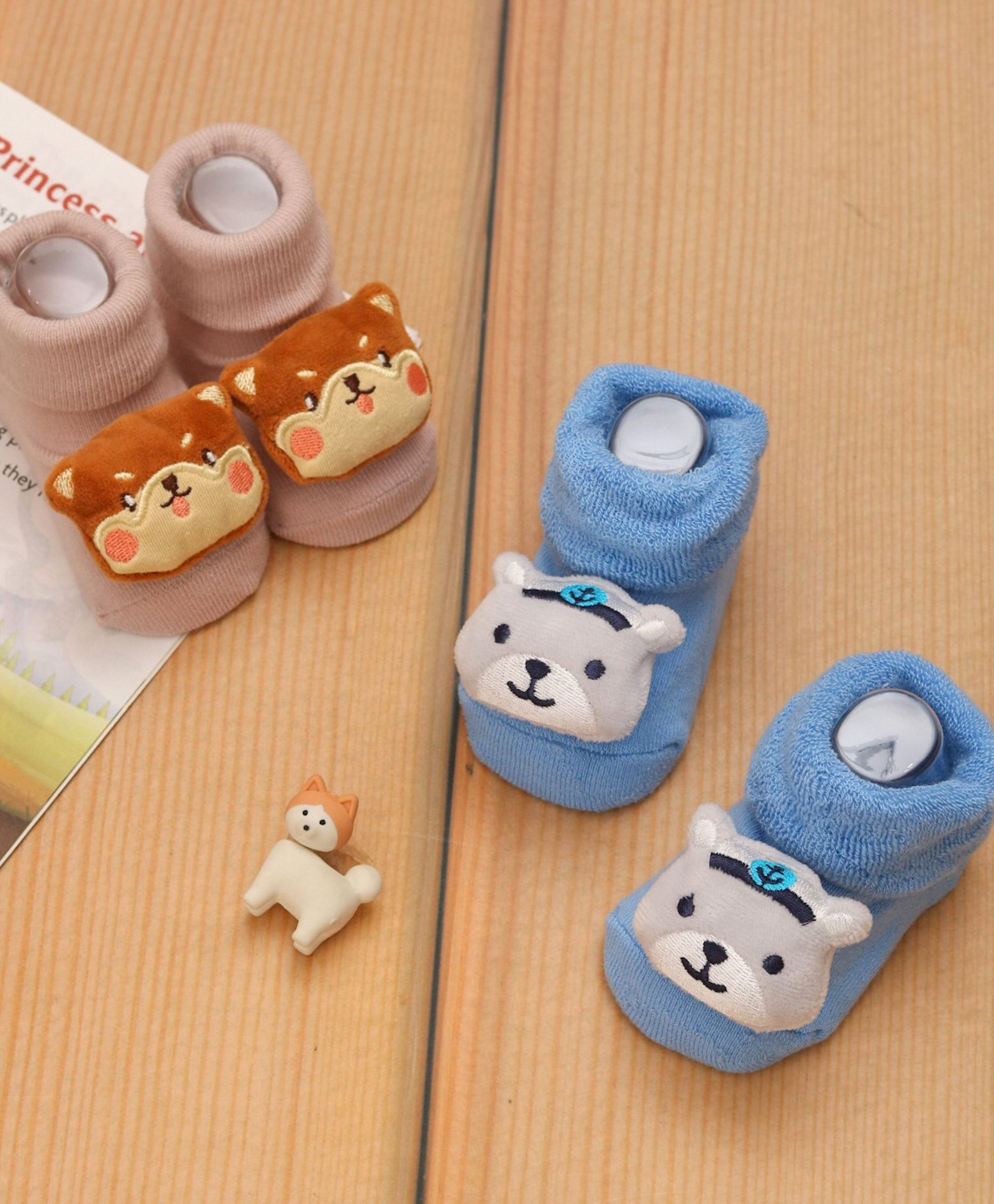 Yellow Bee Cotton Pack Of 2 Dog & Bear Applique Designed Socks - Beige & Blue-image-16