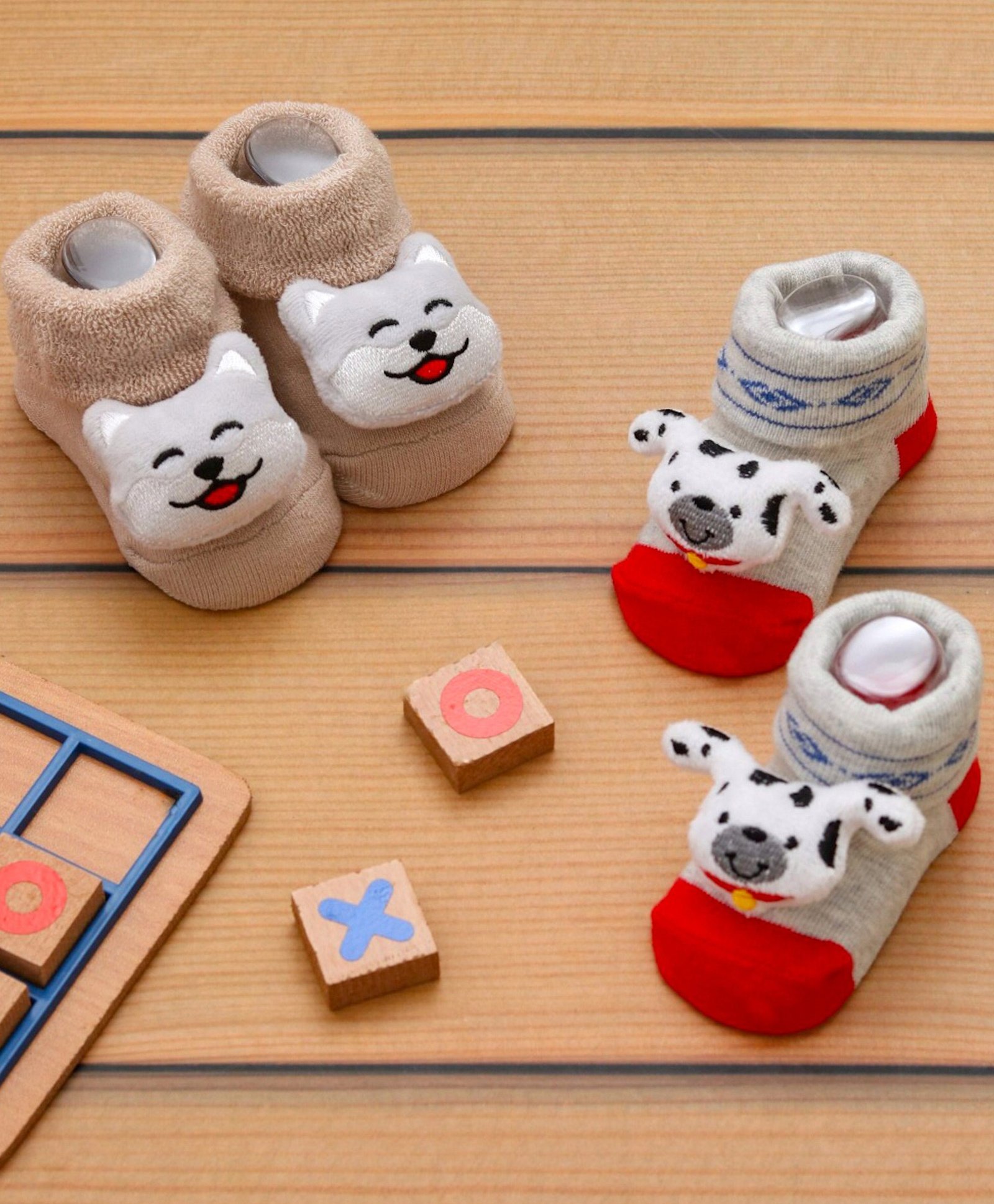 Yellow Bee Cotton Pack Of 2 Cow & Dog Applique Designed Socks - Grey Red & Beige-image-38