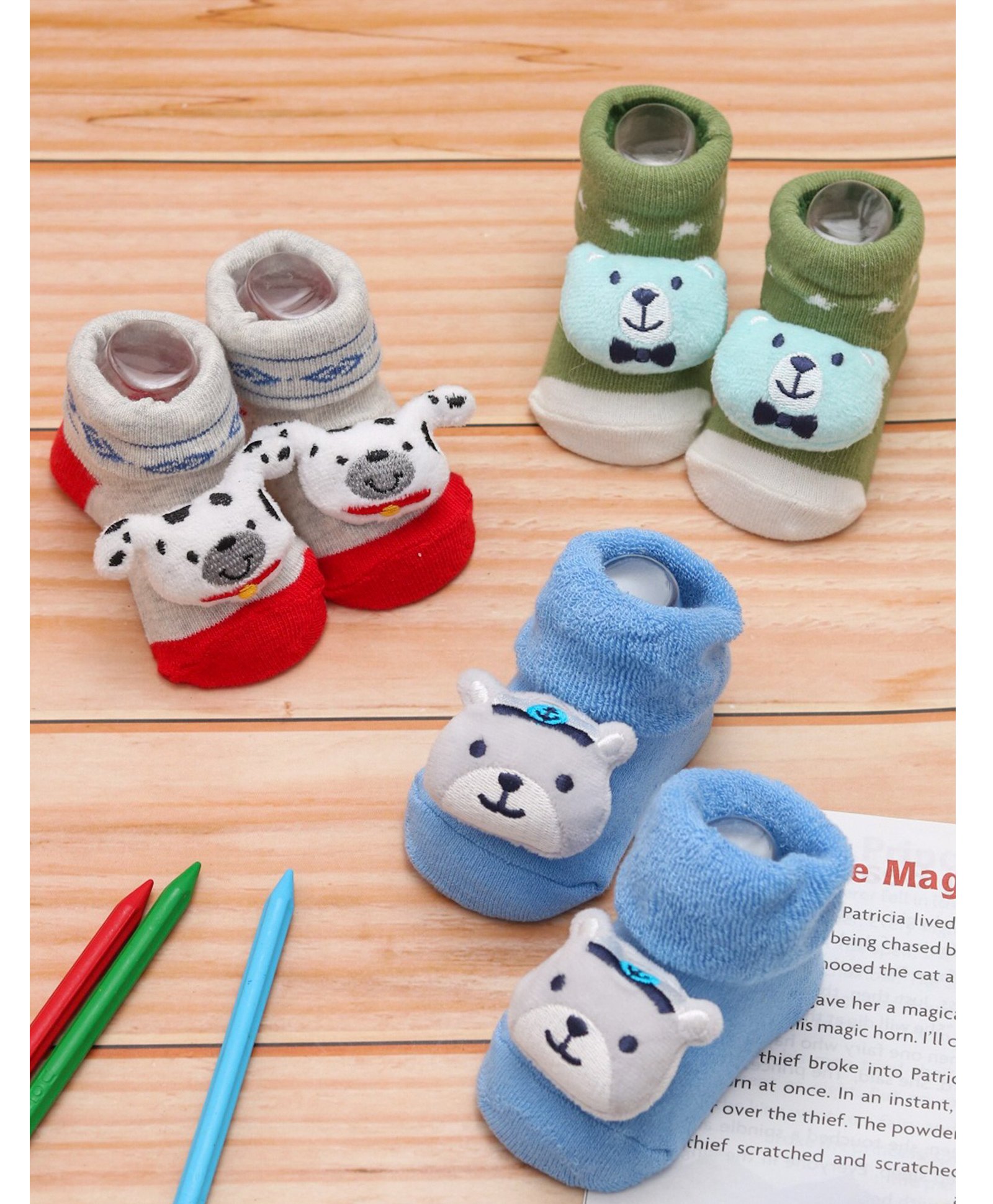 Yellow Bee Pack Of 3 Cotton Charming Teddy & Puppy Applique Detailed Socks - Green Blue & Grey-image-15