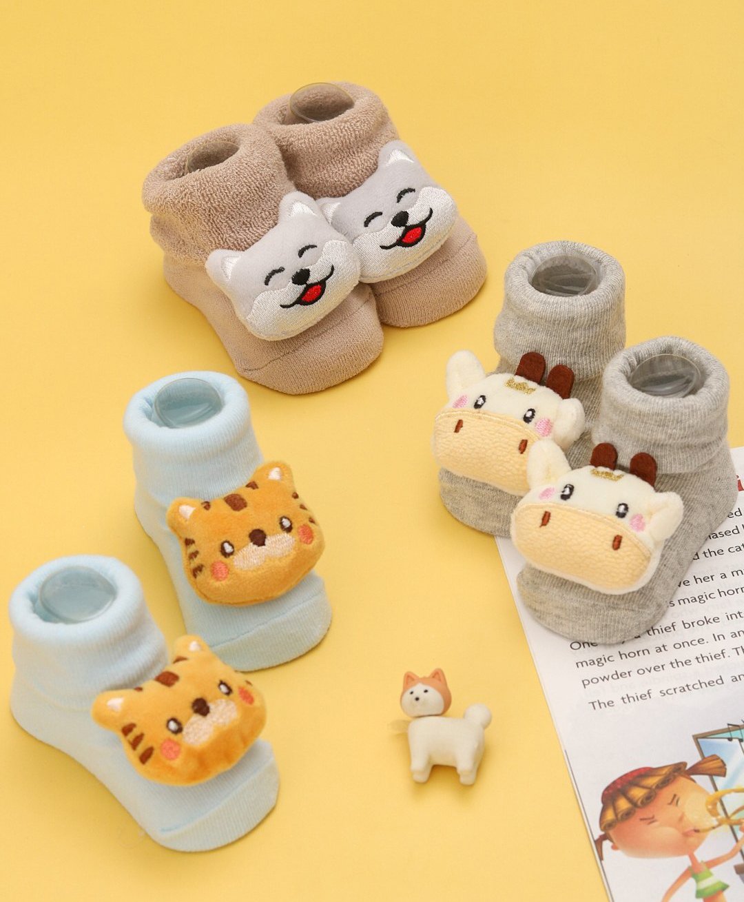 Yellow Bee Pack Of 3 Cotton Baby Animal Applique Detailed Socks - Beige Blue & Grey-image-31