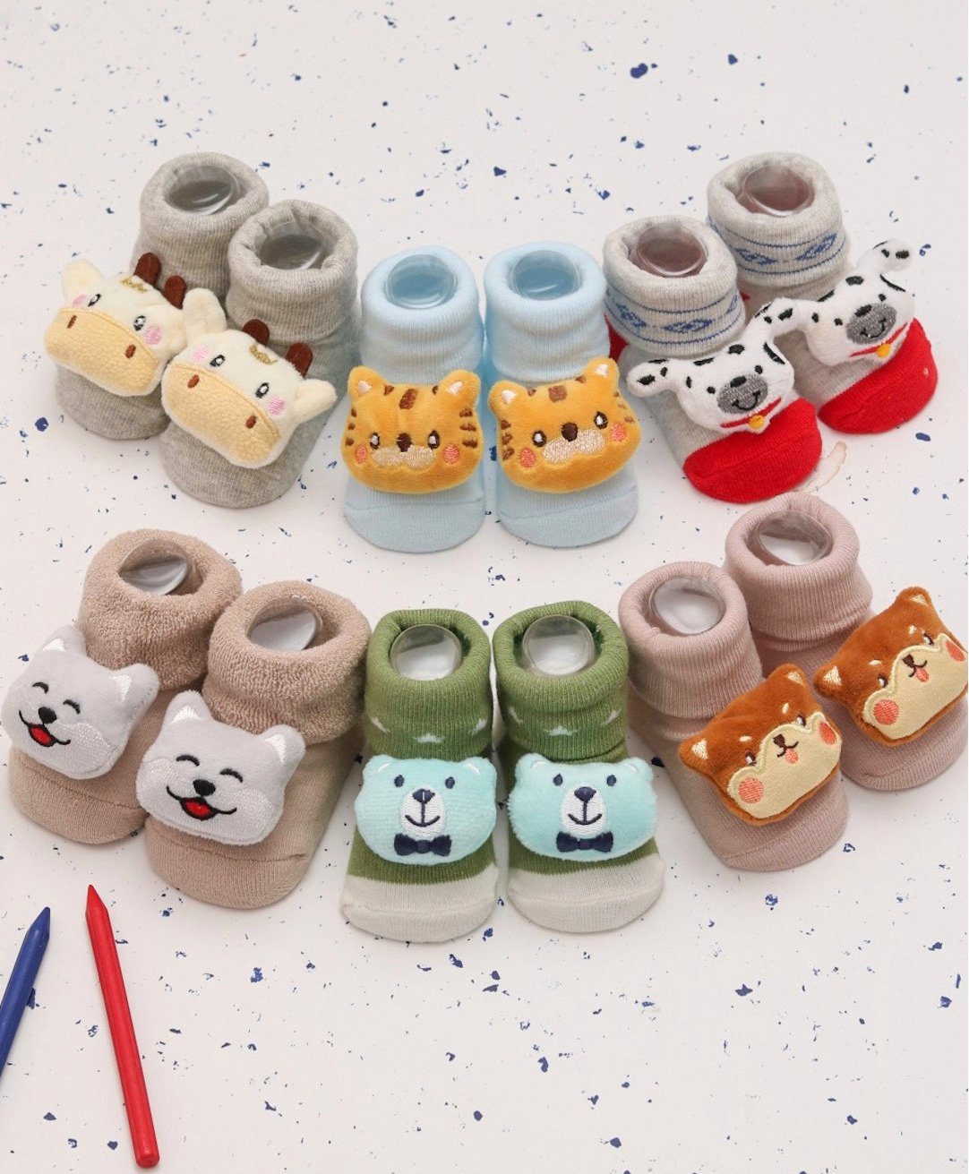 Yellow Bee Pack Of 6 Cotton Baby Animal Faces Applique Detailed Socks - Multi Colour-picture-11