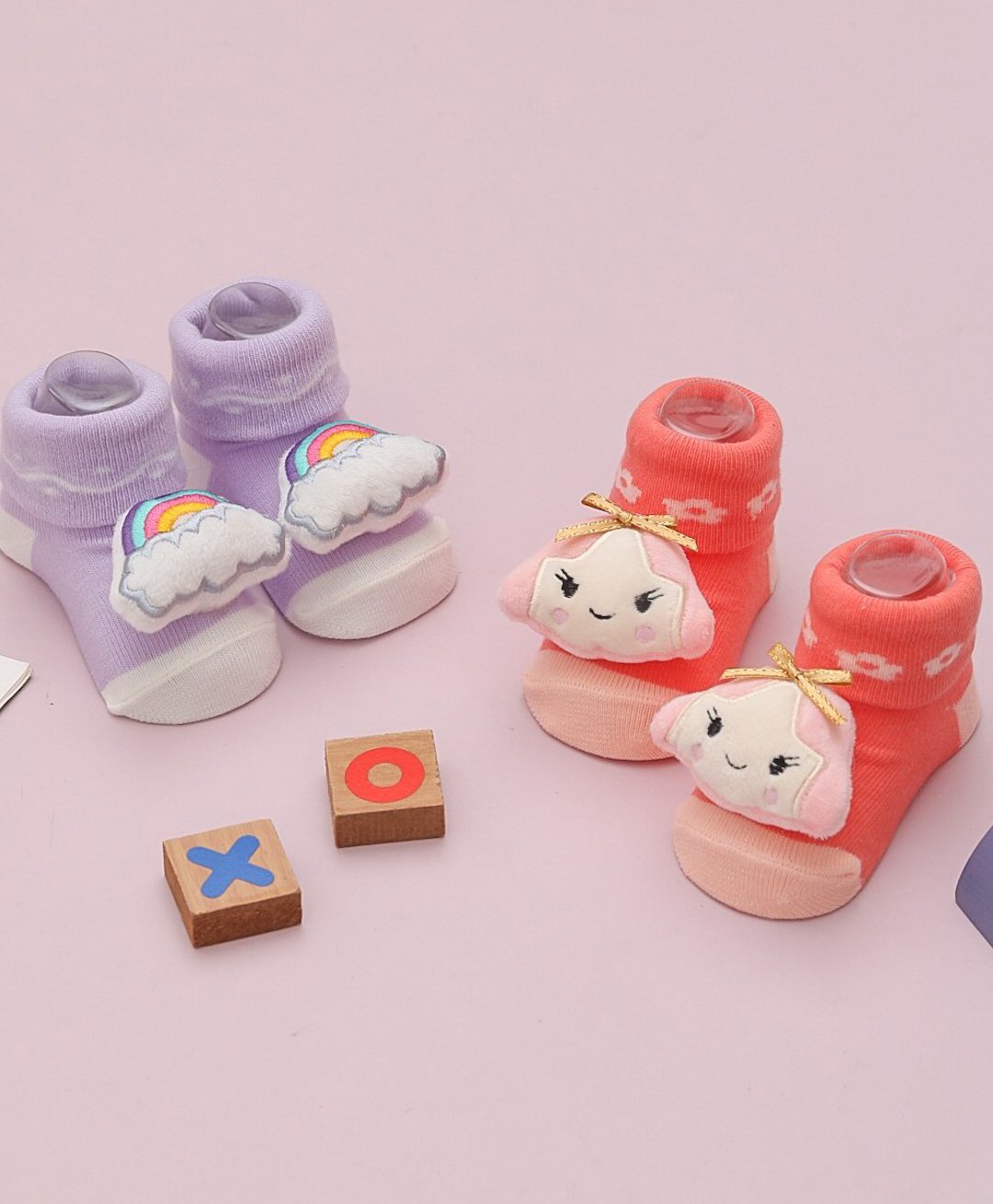 Yellow Bee Pack Of 2 Cotton Girl & Rainbow Applique Detailed Socks - Peach & Purple-picture-11