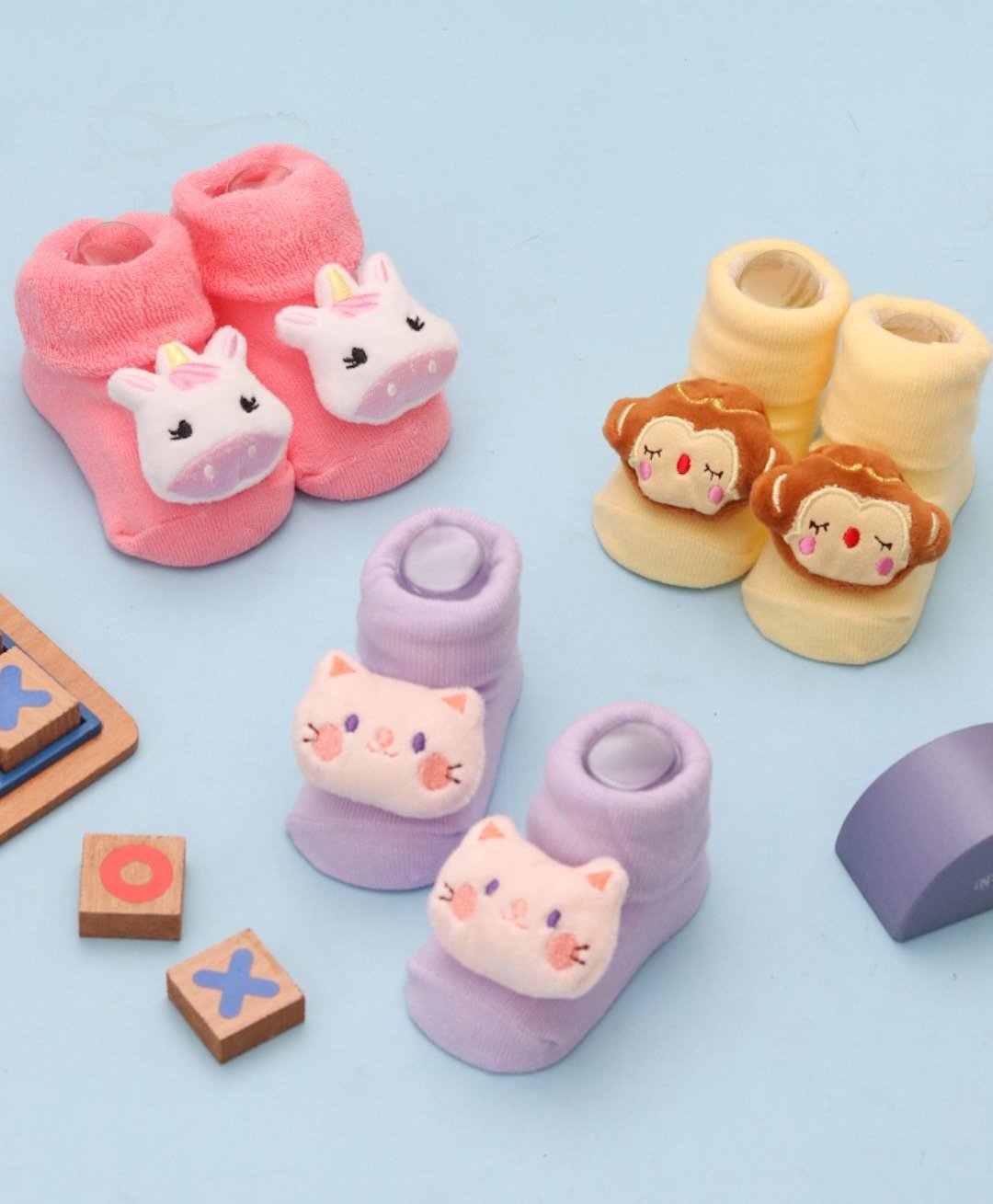 Yellow Bee Pack Of 3 Cotton Playful Monkey Kitty & Unicorn Applique Detailed Socks - Pink Yellow & Purple-image-46