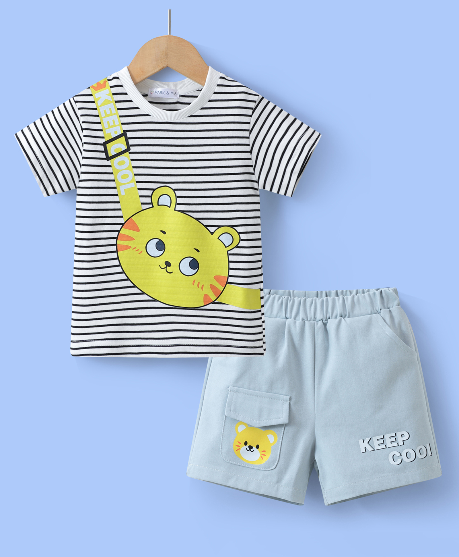 Mark & Mia Cotton Half Sleeves Striped T-Shirt & Shorts Set with Tiger Sling Bag Print - Light Blue & White