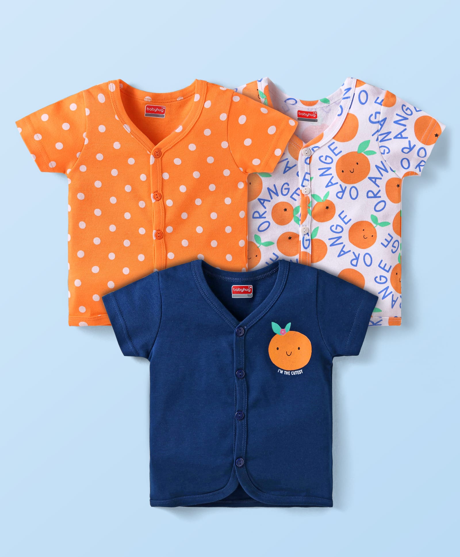 Babyhug Interlock Knit Half Sleeves Front Open Vests with Text Print & Polka Dots Pack of 3 - Orange Navy Blue & White-image-43