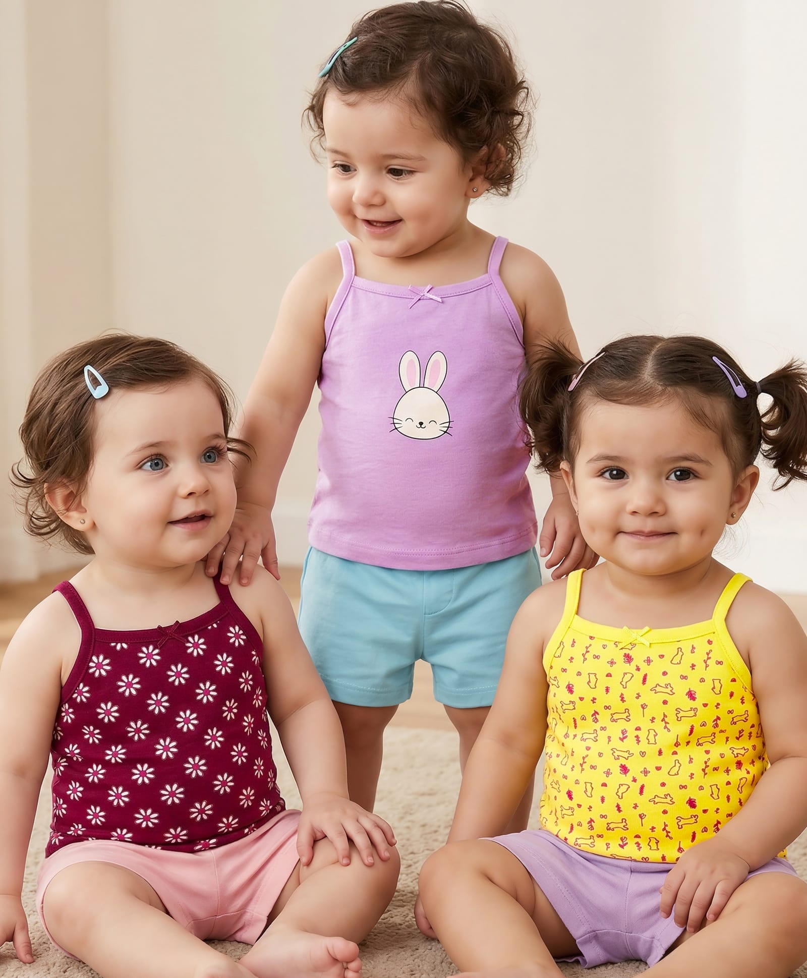 Babyoye Cotton Elastane Knit Sleeveless Slips With Floral Print Pack Of 3 - Pink Maroon & Yellow-picture-14