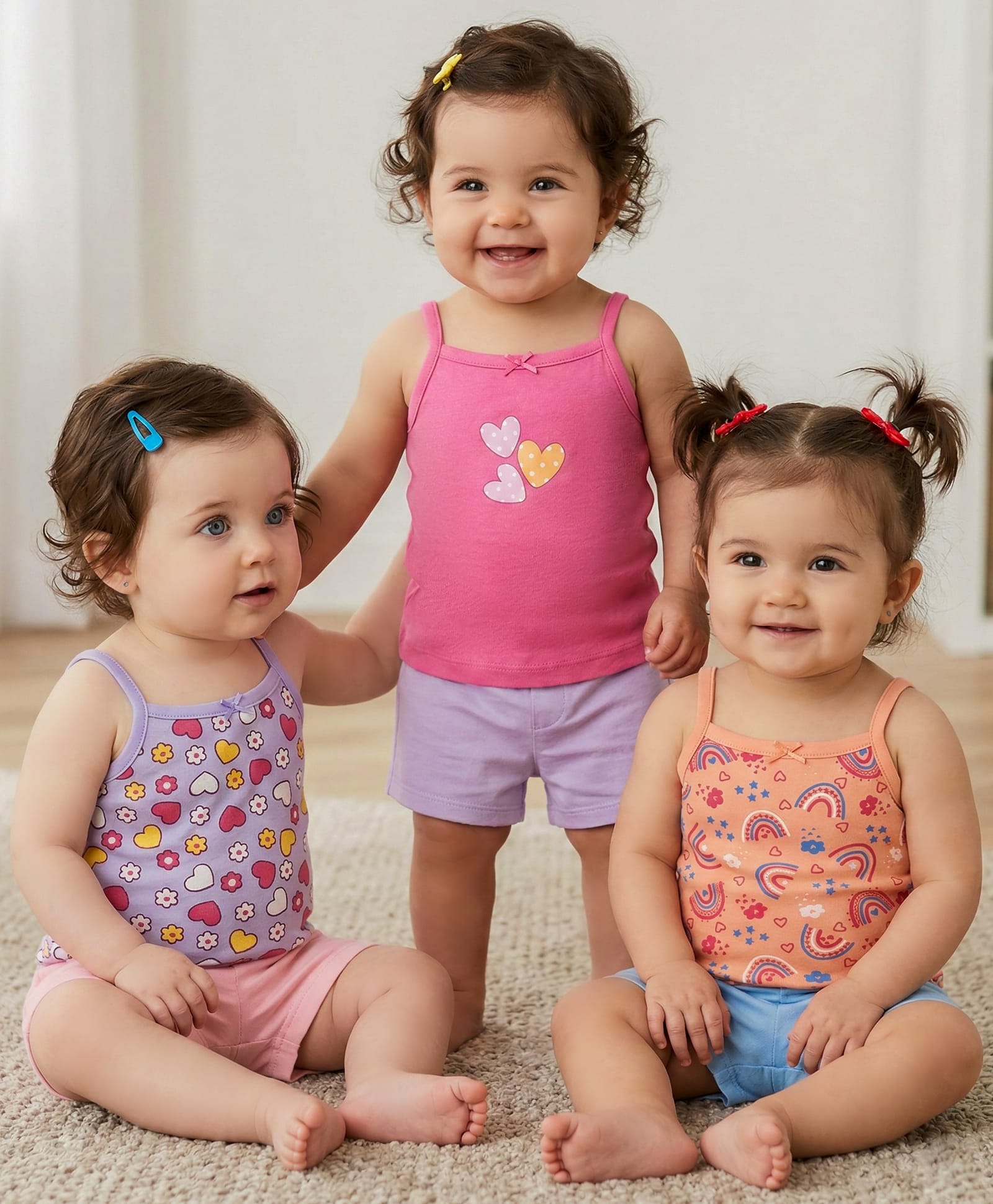 Babyoye Cotton Elastane Knit Sleeveless Slips With Star & Heart Print Pack Of 3 - Pink Brown & Lavender-image-4