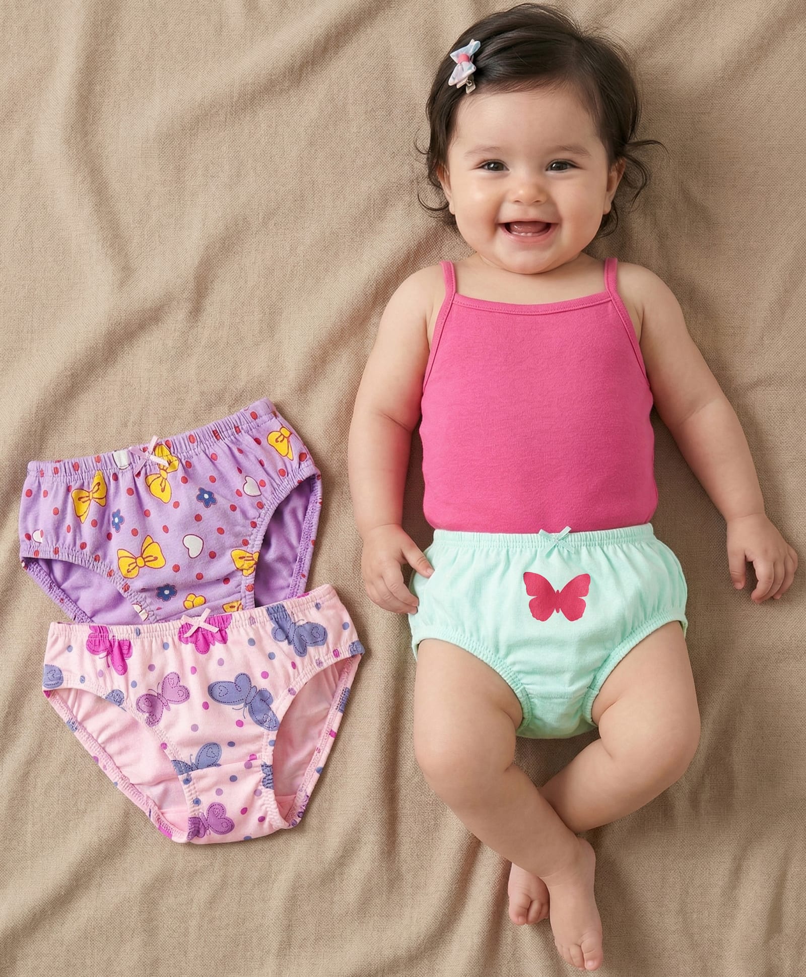 Babyoye Cotton Elastane Knit Panties With Polka Dots & Butterfly Print Pack Of 3 - Pink Purple & Light Green-image-28