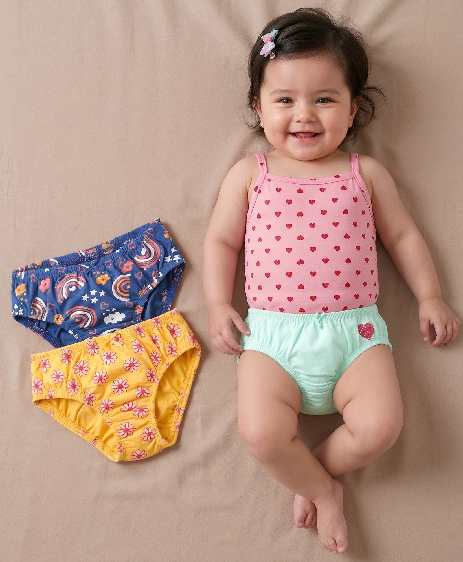 Babyoye Cotton Elastane Knit Floral Heart & Rainbow Printed Panties Pack of 3 - Yellow Sea Green & Navy Blue-image-17