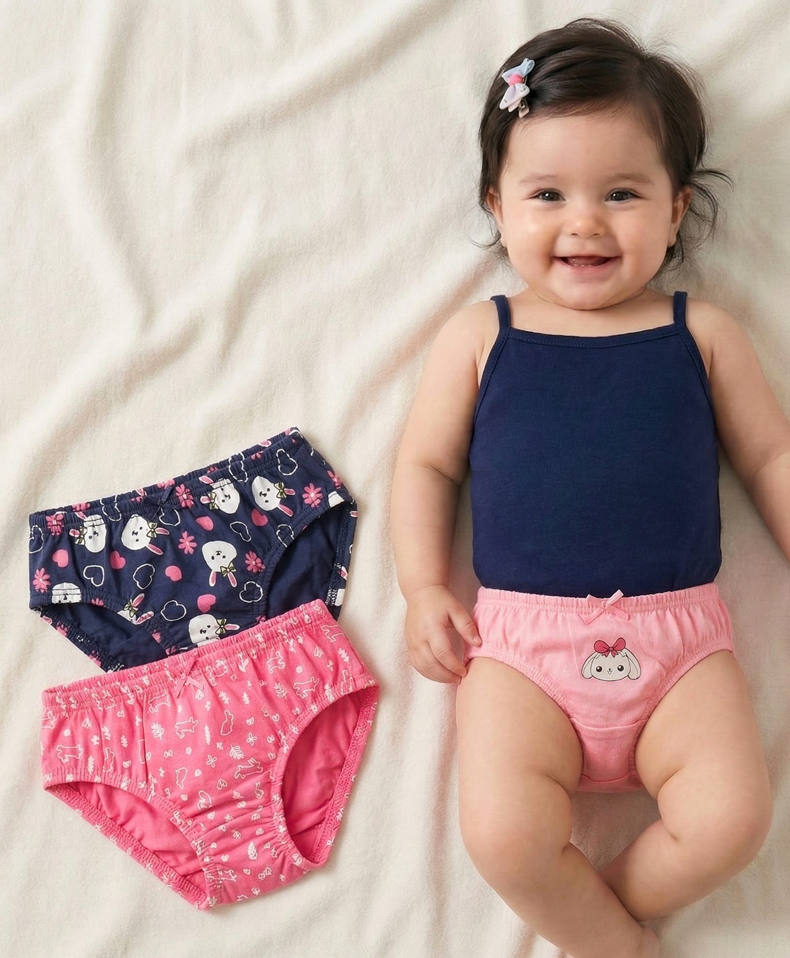 Babyoye Cotton Elastane Knit Panties With Floral & Bunny Print Pack Of 3 - Pink & Blue-image-5