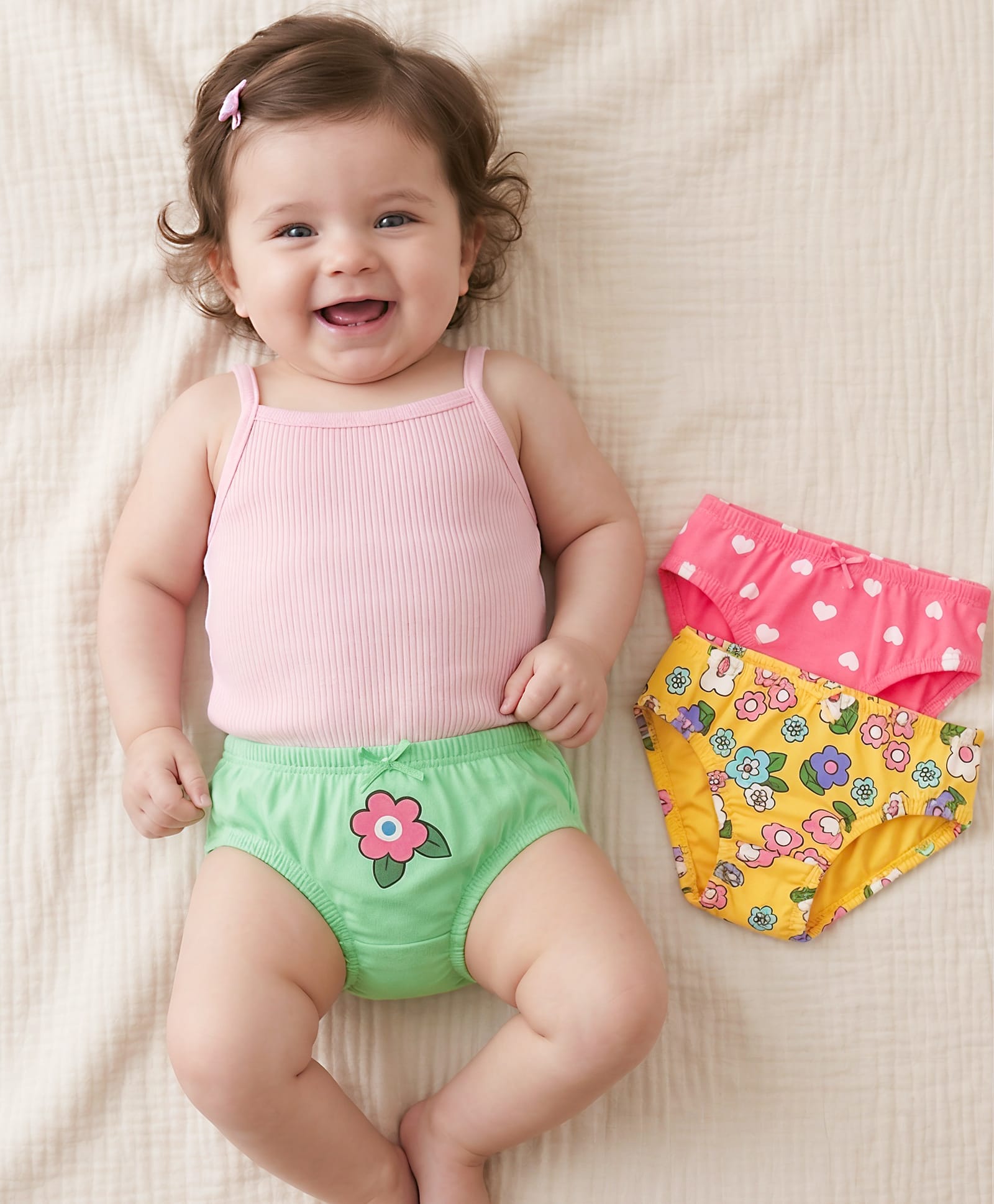 Babyoye Cotton Elastane Knit PantiesWith Floral & Heart Print Pack Of 3 - Green Pink & Yellow-image-42