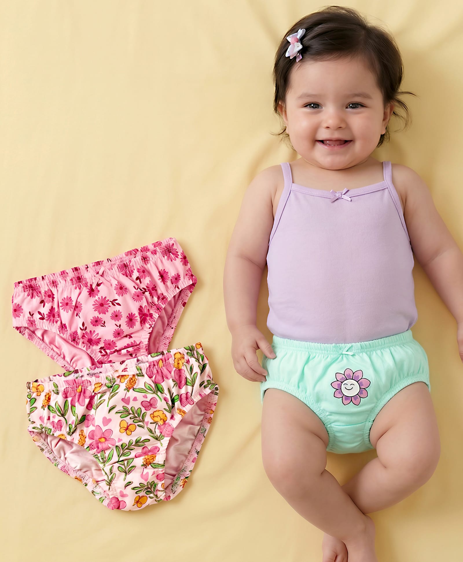 Babyoye Cotton Elastane Knit Panties With Floral Print Pack Of 3 - Light Green & Pink-image-47
