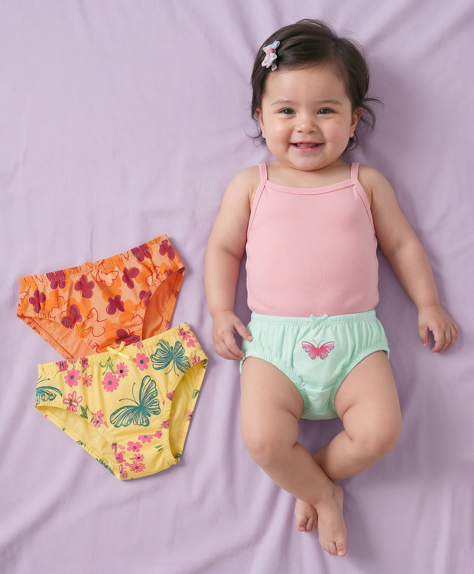 Babyoye Cotton Elastane Knit Panties With Floral & Butterfly Print Pack Of 3 - Yellow Light Green & Orange-image-4