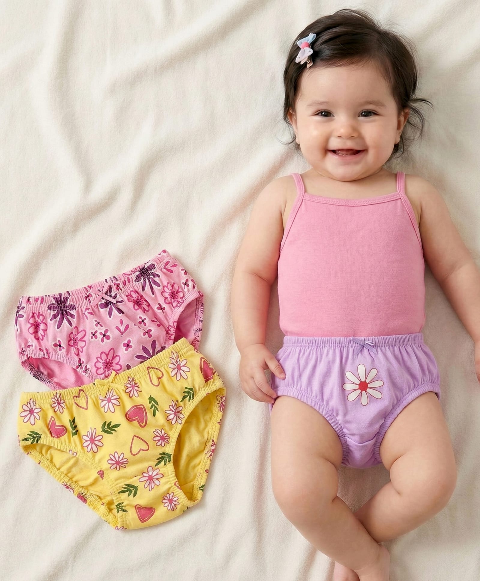 Babyoye Cotton Elastane Knit Panties With Floral Print Pack Of 3 - Pink Purple & Yellow-image-44