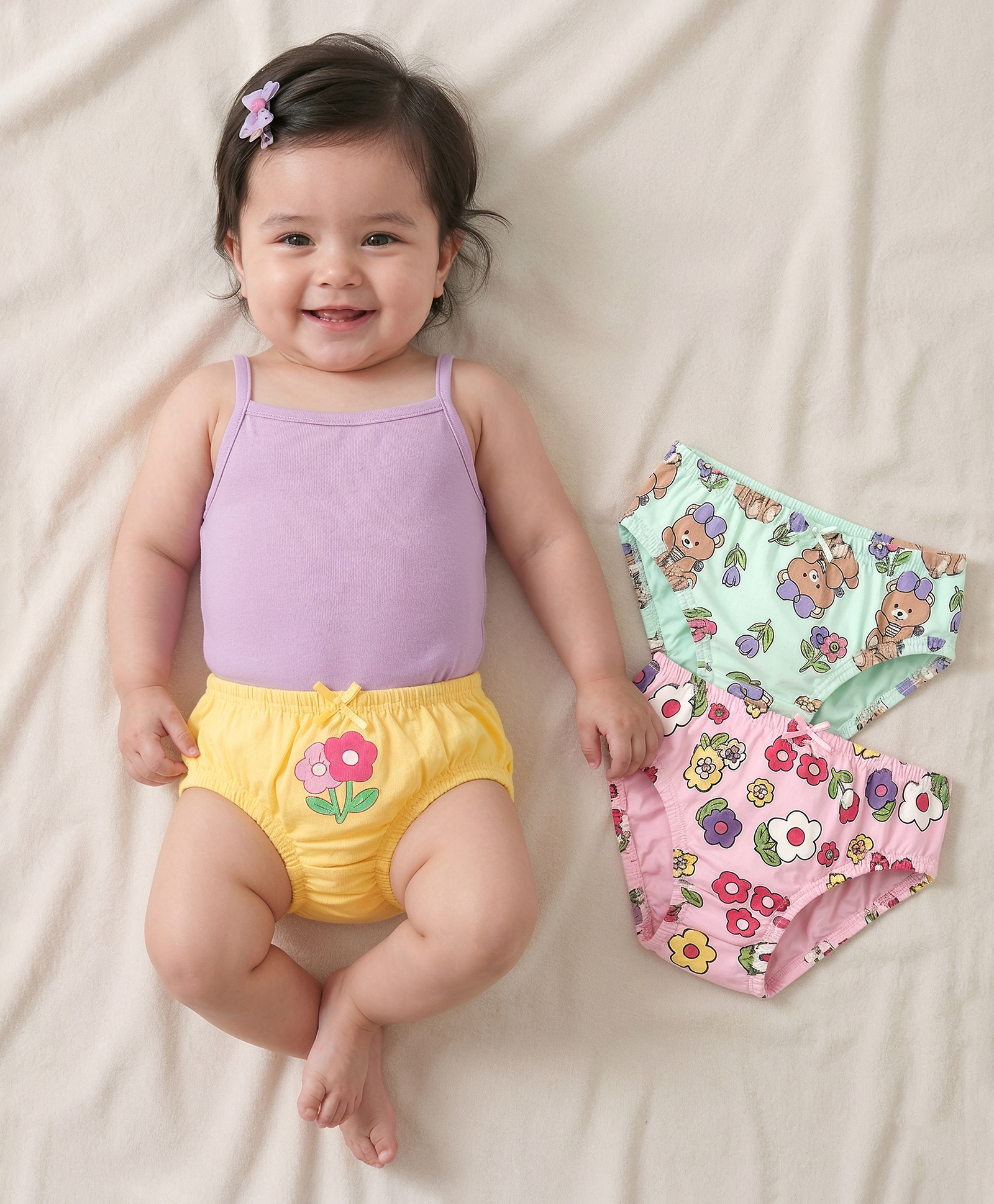Babyoye Cotton Elastane Knit Panties With Bear & Floral Print Pack Of 3 - Yellow Pink & Light Blue-image-49