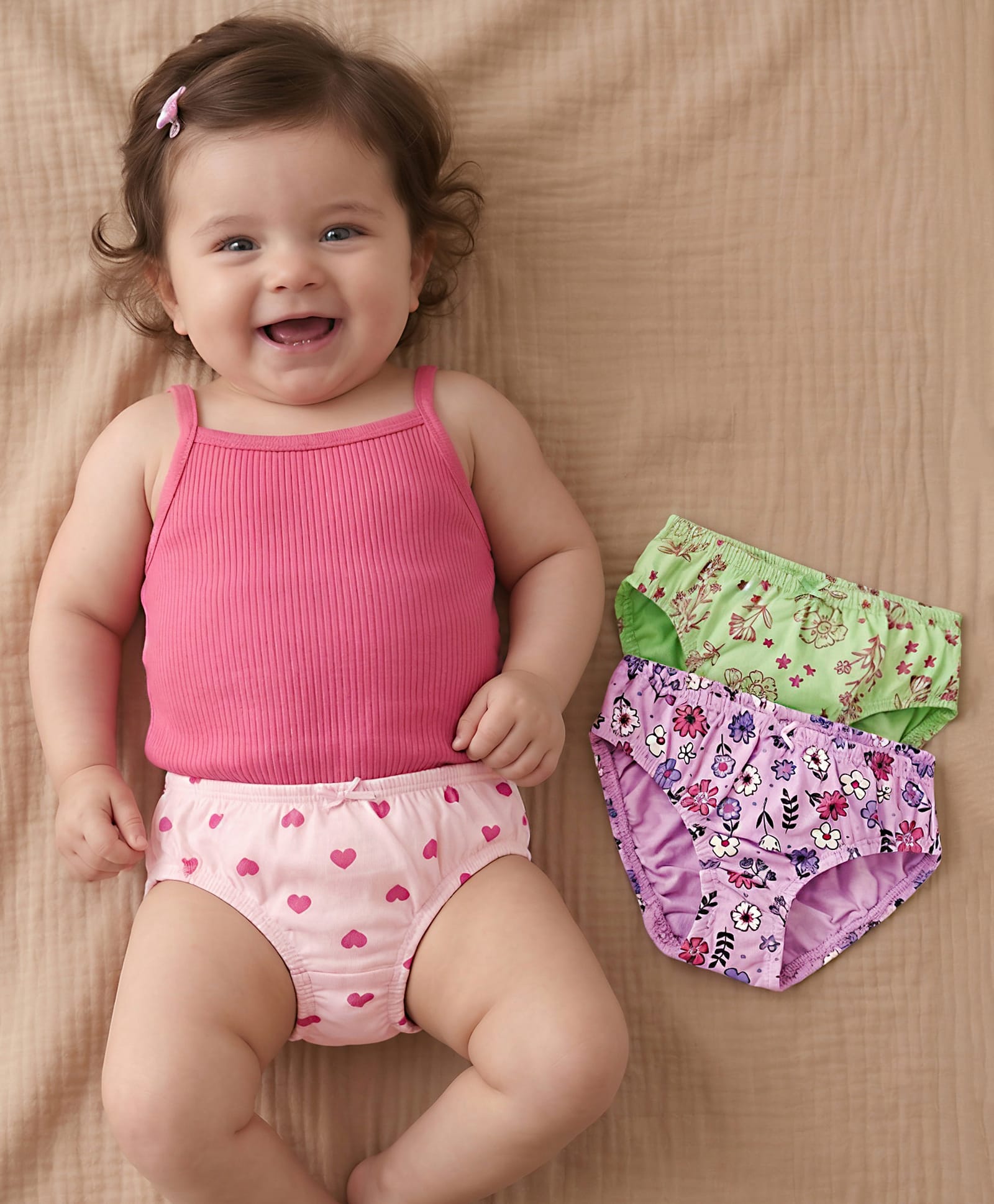 Babyoye Cotton Elastane Knit Panties With Floral & Heart Print Pack Of 3 - Pink Purple & Light Green-image-27