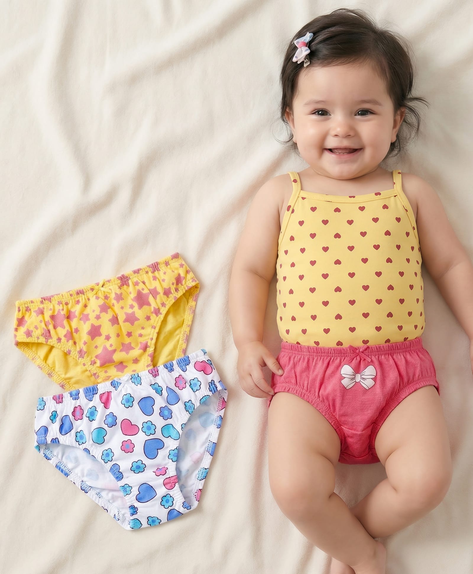 Babyoye Cotton Elastane Knit Panties With Floral & Star Print Pack Of 3 - Pink Yellow & White-image-48