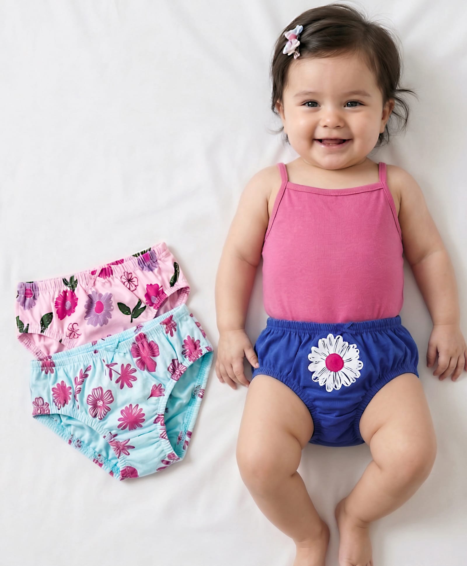 Babyoye Cotton Elastane Knit Panties With Floral Print Pack Of 3 - Pink Light Blue & Navy Blue-image-6