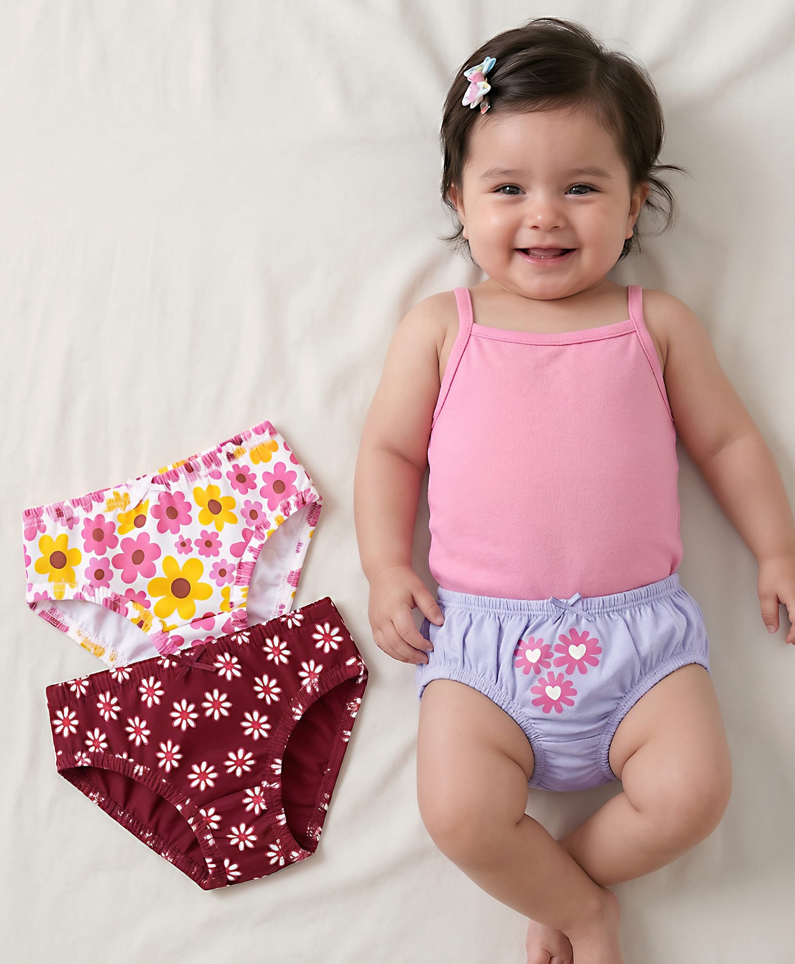 Babyoye Cotton Elastane Knit Panties With Floral Print Pack Of 3 - Maroon Lilac & White-image-45