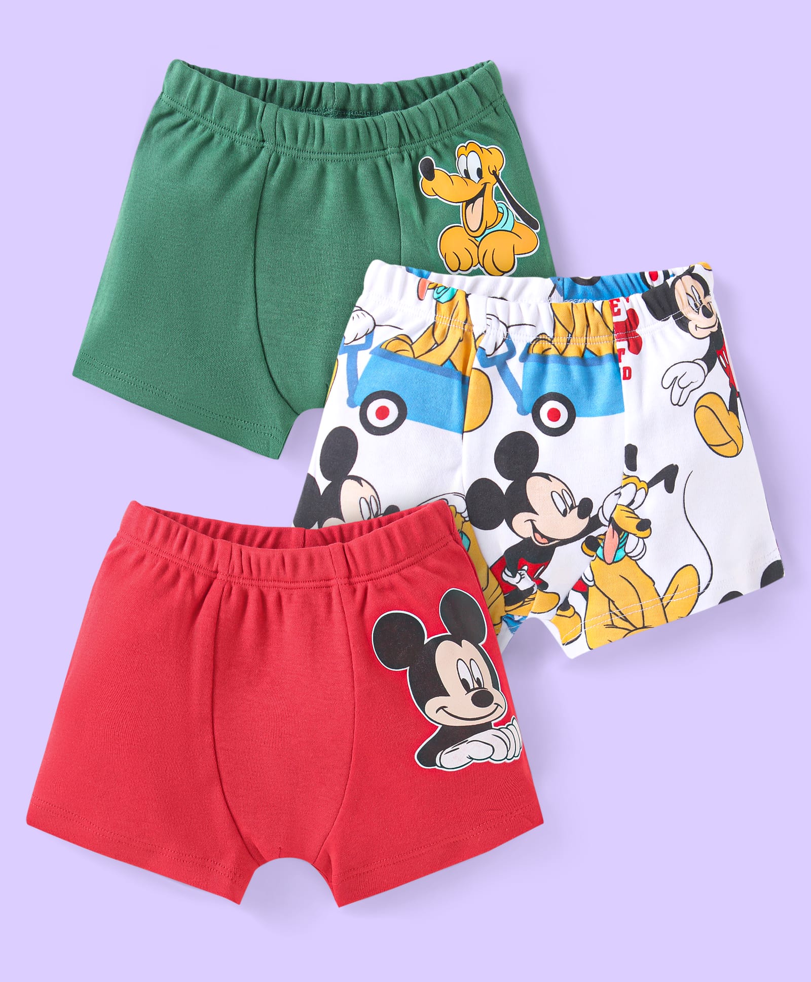 Babyhug Disney Cotton Knit Trunks with Mickey Mouse Graphics Pack of 3 - Red White & Green-picture-10
