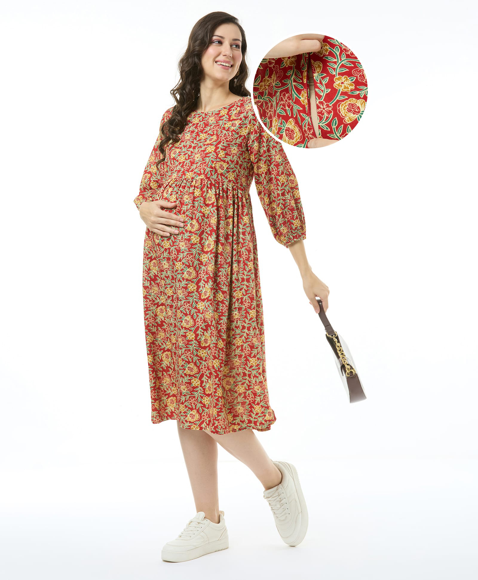 Bella Mama Woven Three Fourth Sleeves Maternity Dress with Floral Print - Red