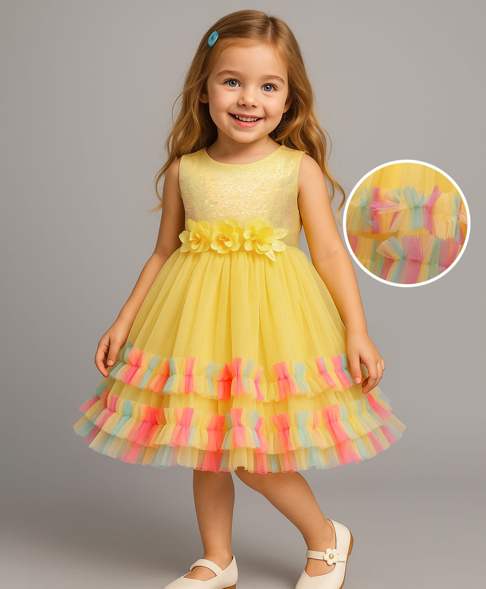 Babyhug Woven Sleeveless Ruffled Party Dress With Sequinned Yoke & Floral Applique - Yellow-image-39