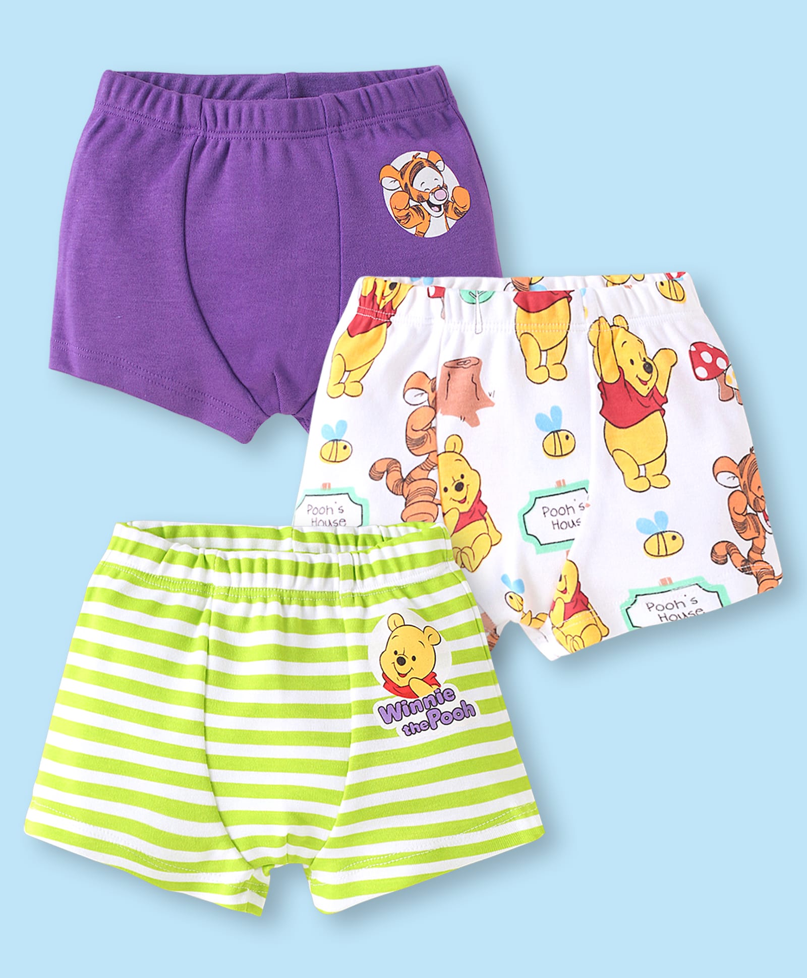 Babyhug Disney Cotton Knit Mid Thigh Trunks with Winnie The Pooh Pack of 3 - Purple White & Light Green-image-27