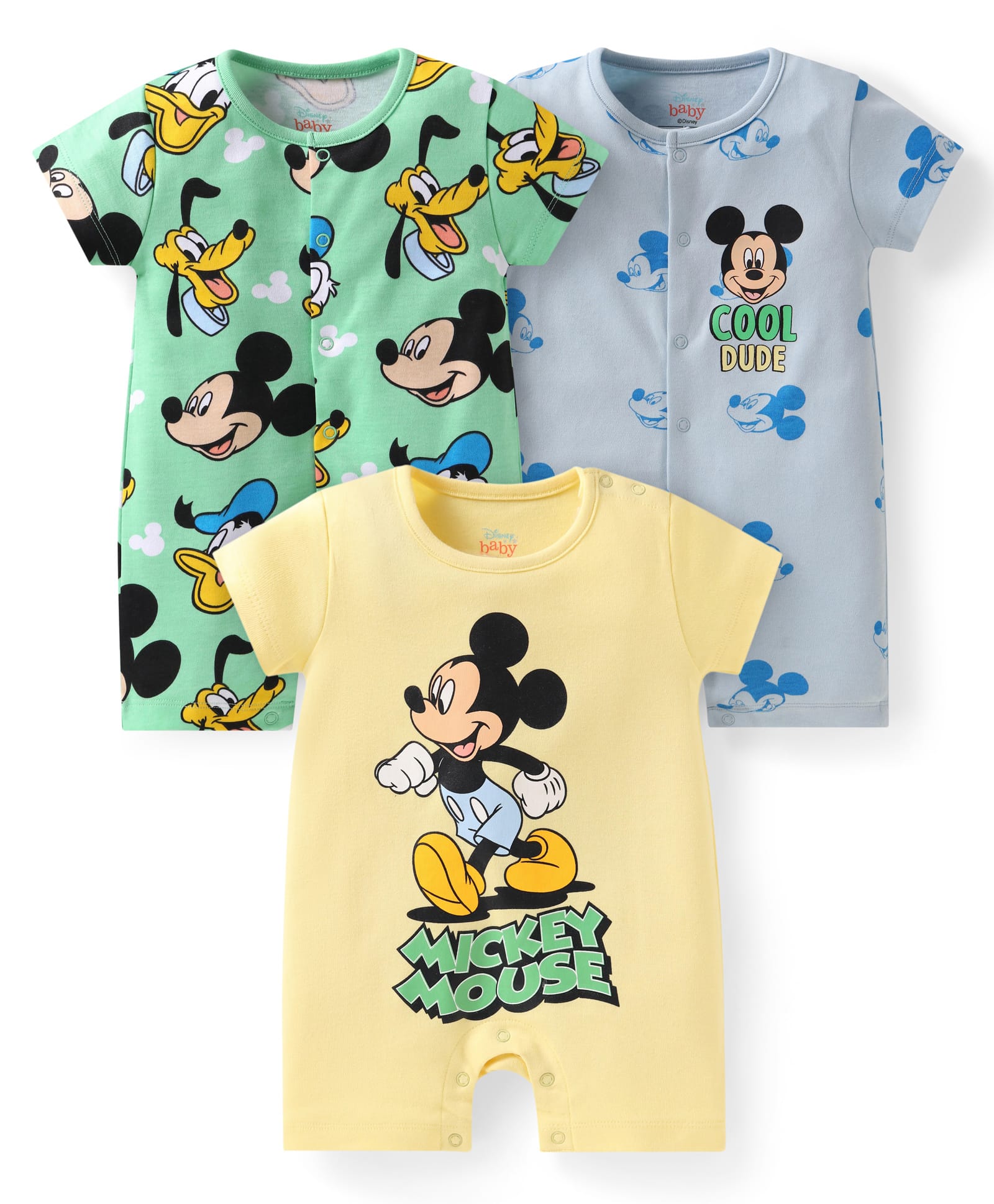 Babyhug Disney Interlock Knit Half Sleeves Rompers with Mickey Mouse Graphics Pack of 3 - Yellow Green & Light Blue-picture-20