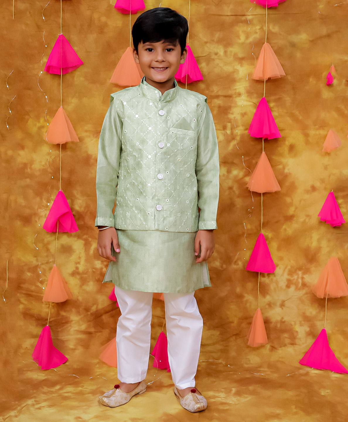 KID1 Silk Full Sleeves Sequins Embellished & Mirror Work Detailed Kurta Pyjama With Jacket Set - Green-picture-36