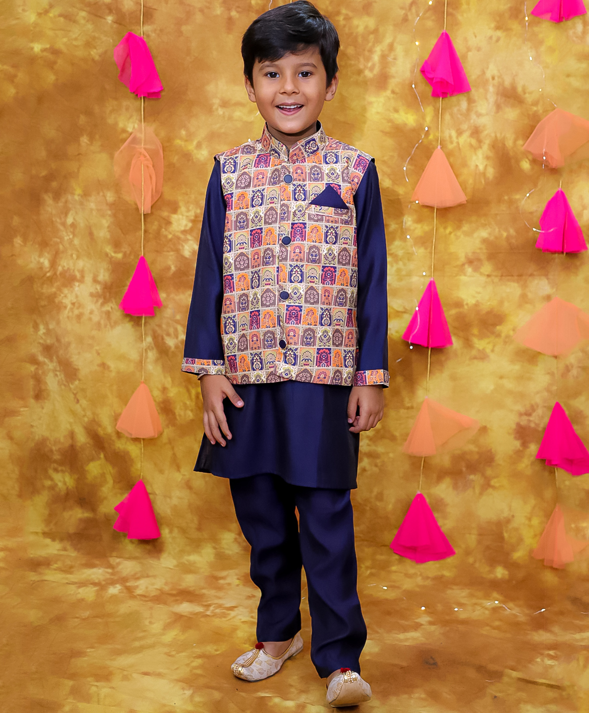 KID1 Silk Full Sleeves Floral Motifs Printed Kurta Pyjama With Jacket Set - Multi Colour & Navy Blue-image-38