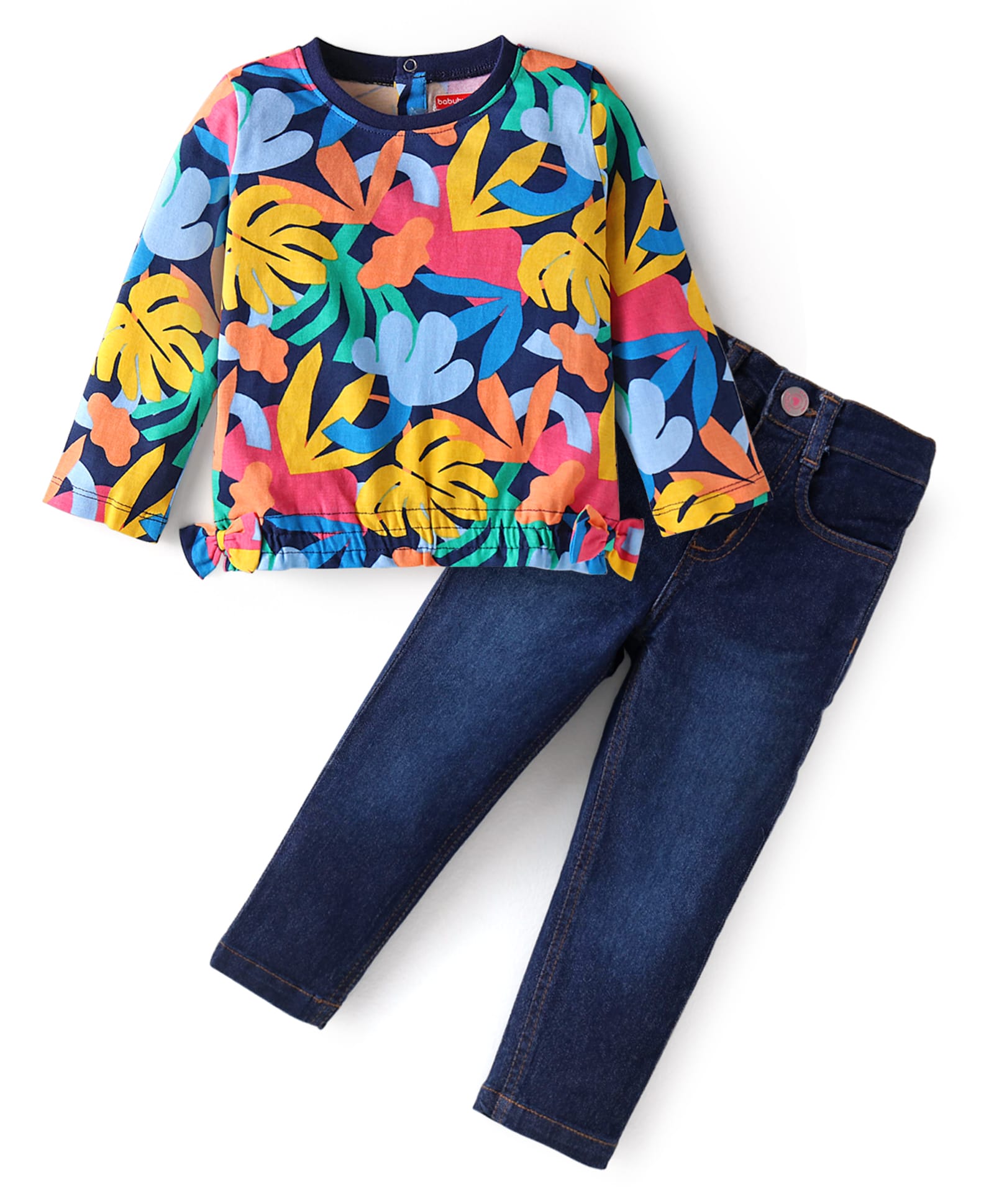 Babyhug Single Jersey Knit Full Sleeves Top & Denim Jeans Set With Tropical Theme Print - Navy Blue-picture-14