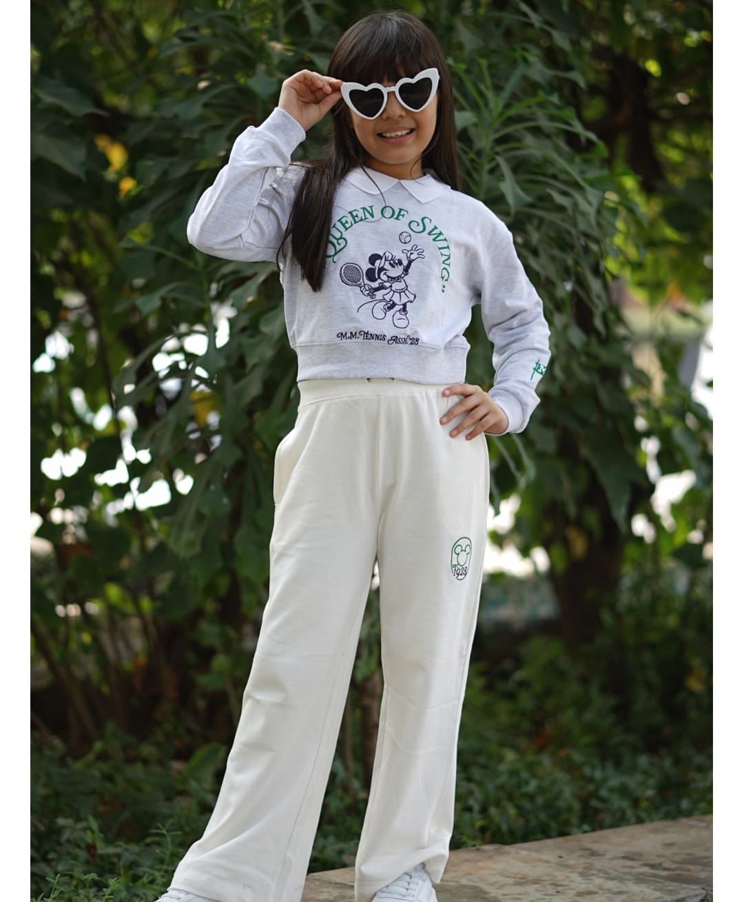 Nap Chief Pure Cotton Mickey & Friends Featuring Full Sleeves Minnie Mouse Embroidered Oversized Crop Sweatshirt With Joggers - Ecru Melange-picture-29