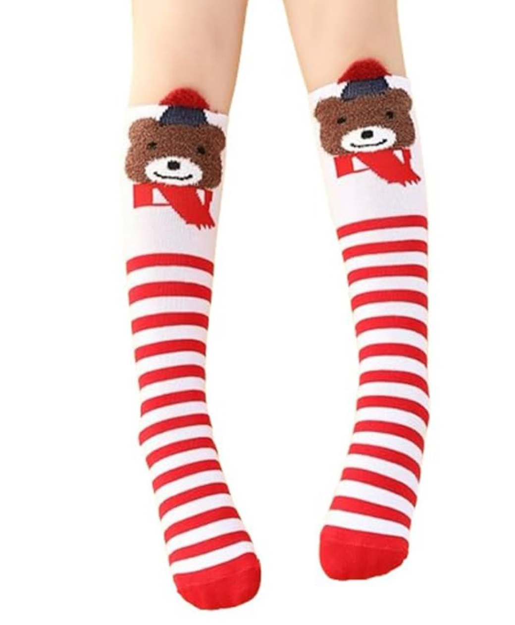 MOMISY Cotton Blend Striped & Teddy Bear Designed Socks - Red & White-image-2
