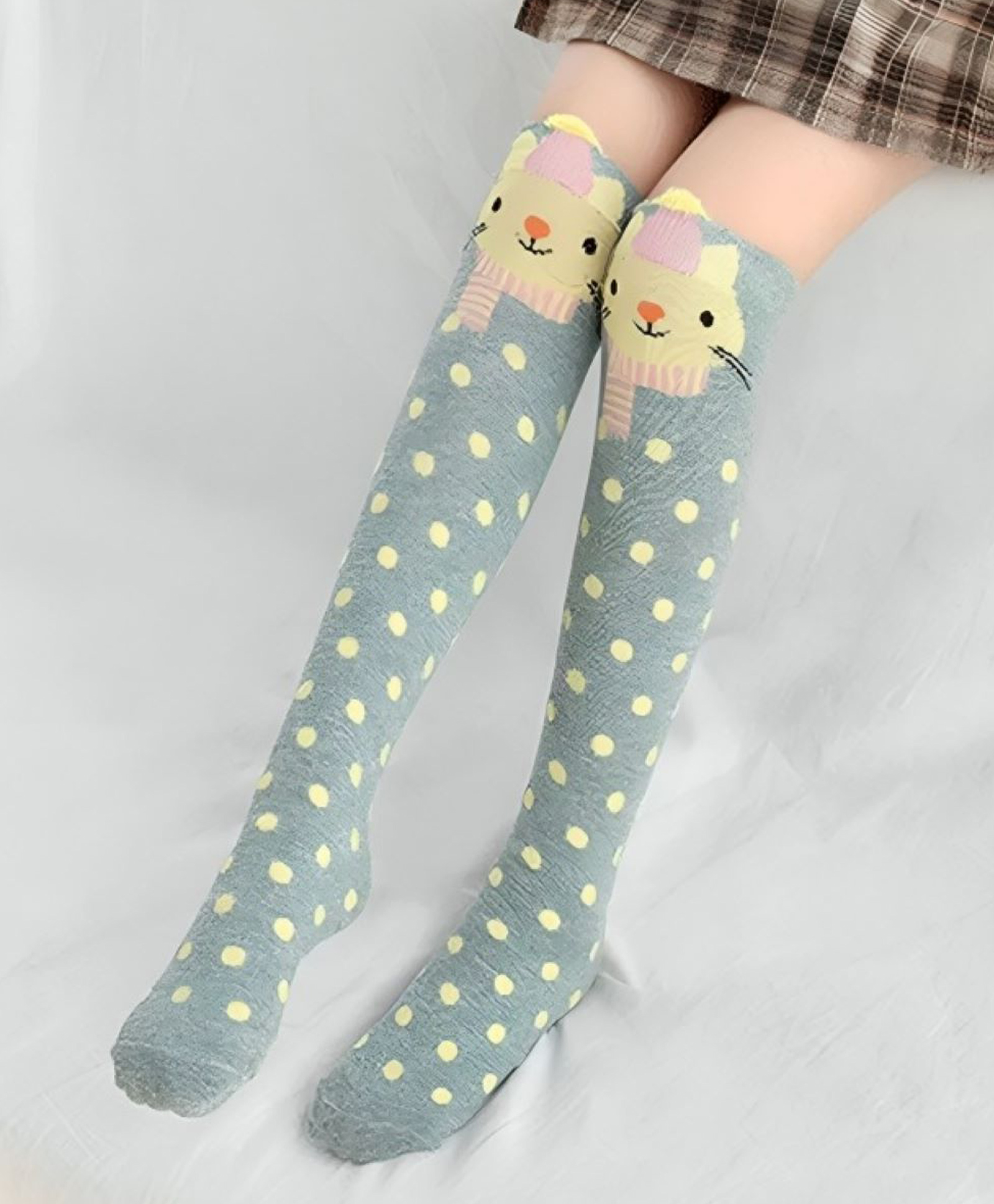 MOMISY Cotton Blend Polka Dots & Cat Designed Knee Length Socks - Grey-image-16