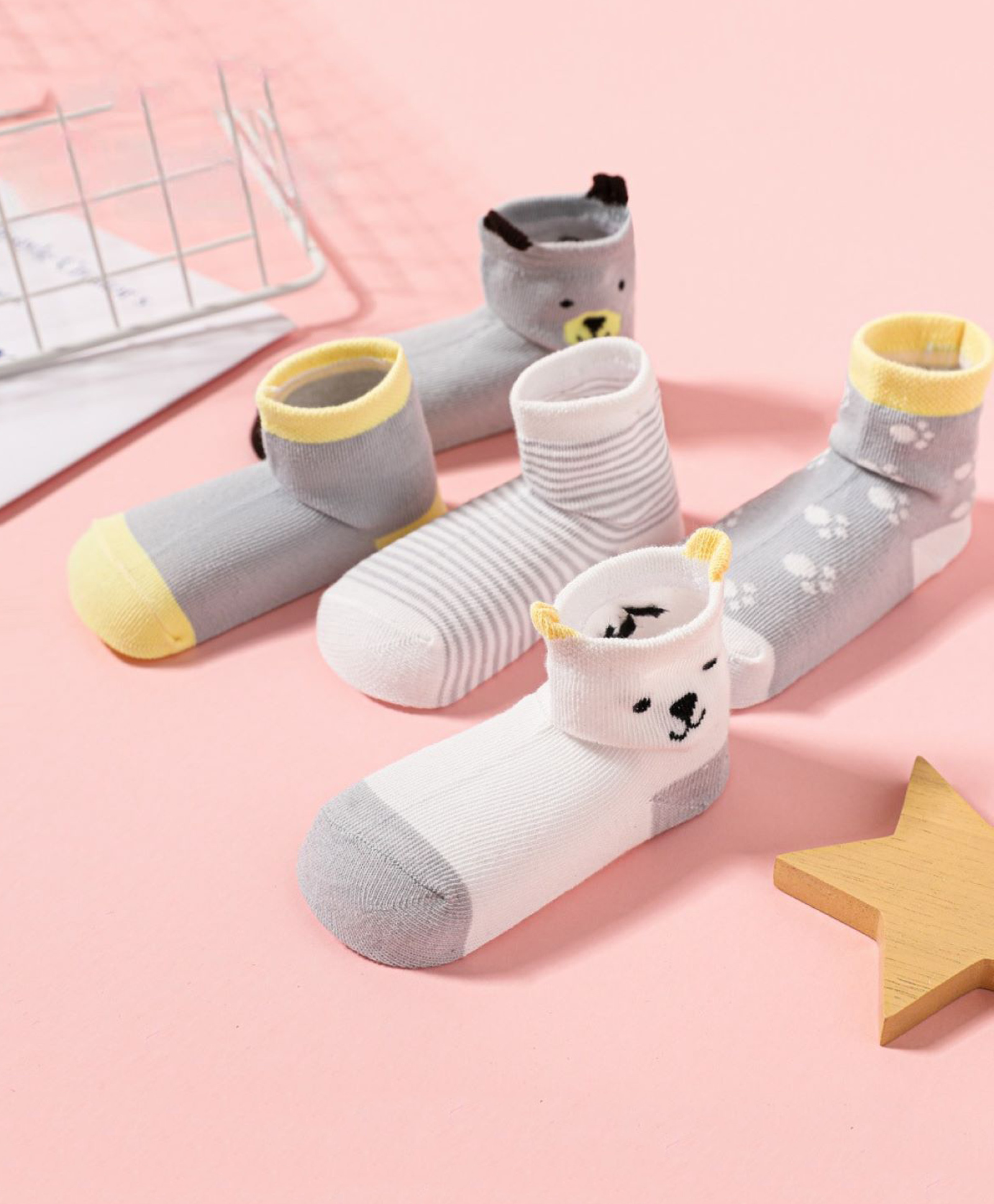 MOMISY Cotton Blend Pack Of 5 Striped & Bear Designed Tube Socks - Grey & White-picture-27
