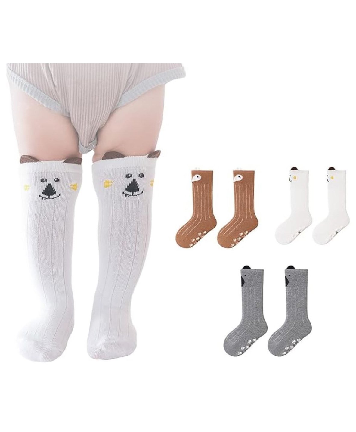 MOMISY Pack Of 3 Cartoon Face Designed Knee Socks - Brown White & Grey-picture-19