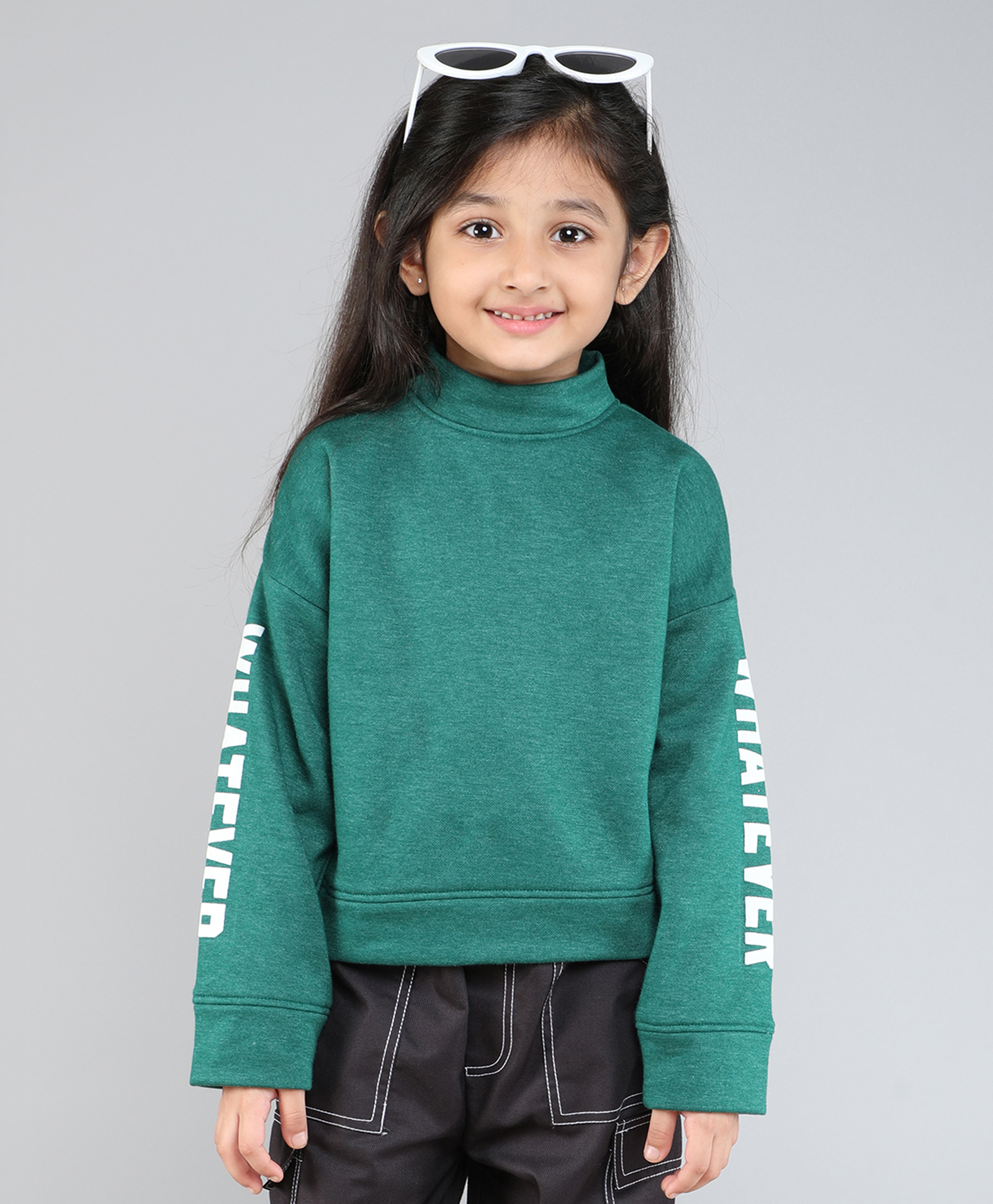 Taffykids Fleece Full Sleeves Whatever Text Printed Sweatshirt - Green-picture-16