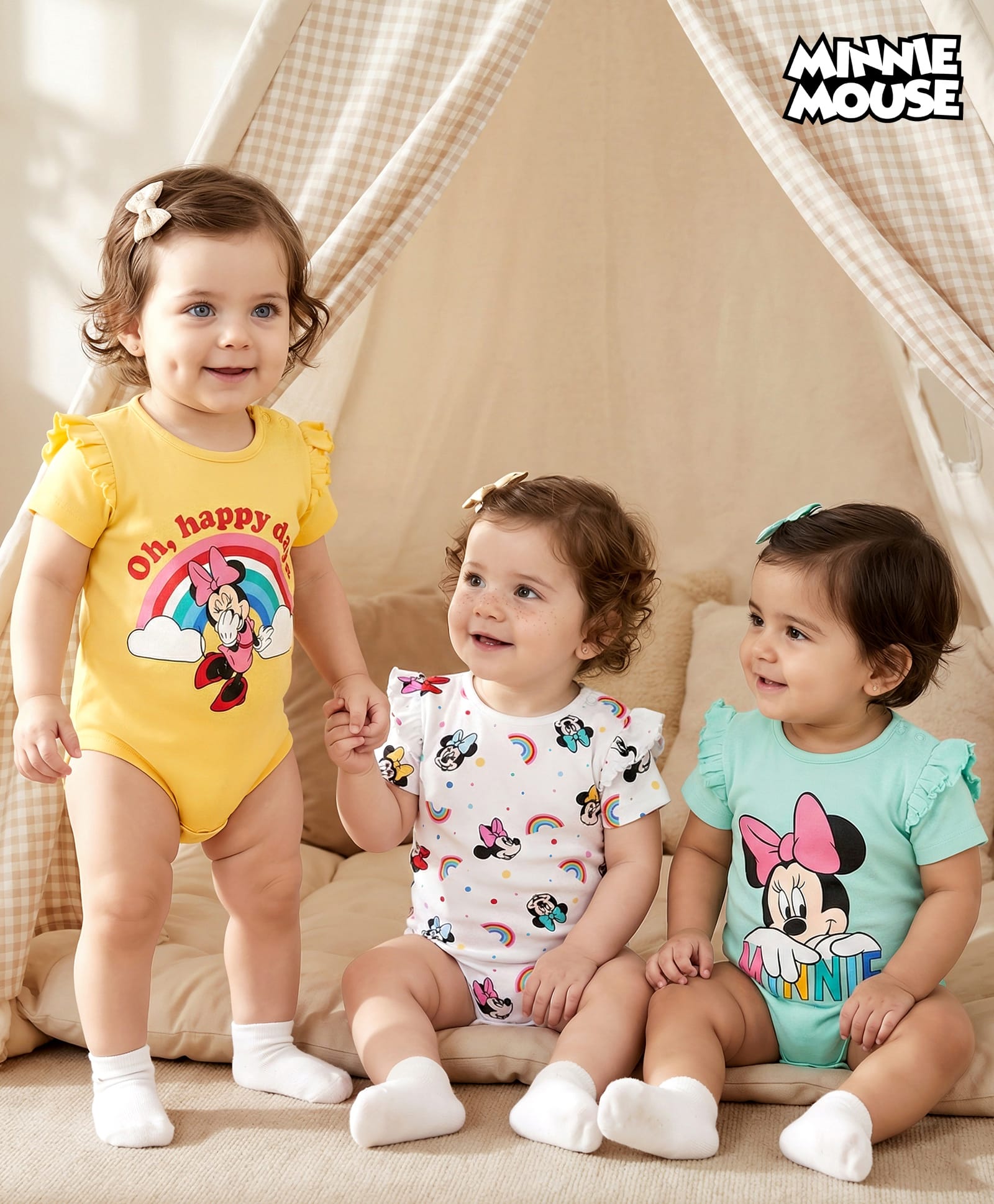 Babyhug Disney Interlock Knit Half Sleeves Minnie Mouse Printed Onesieswith Frill Detailing Pack of 3 - Yellow White & Aqua Blue-image-35