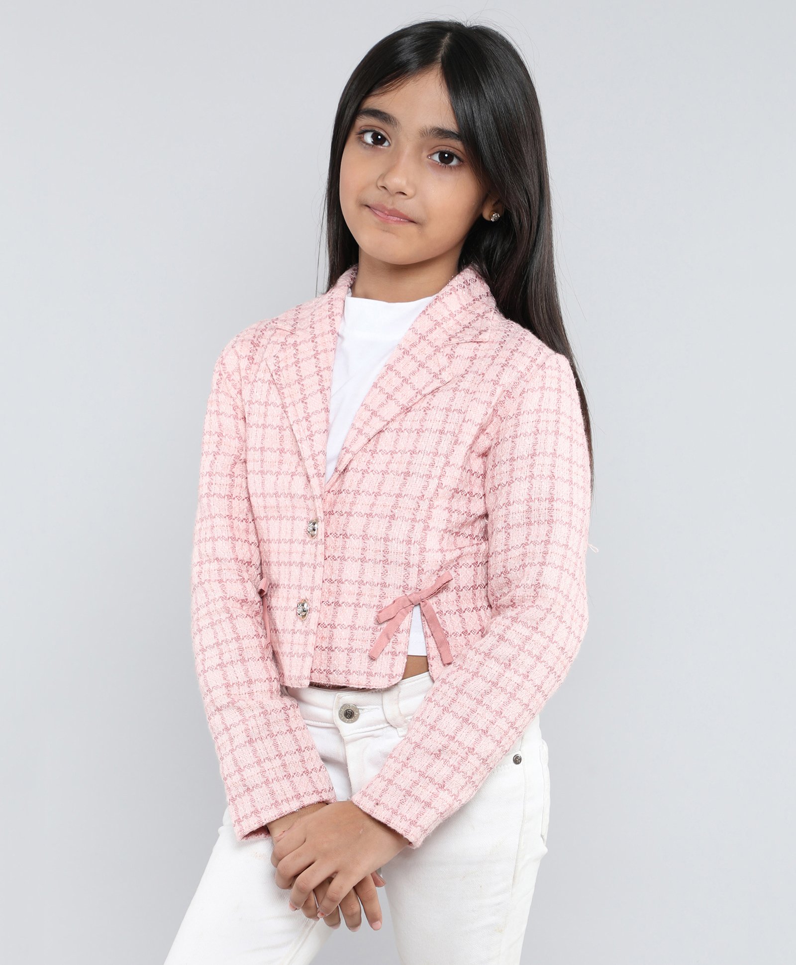 Taffykids Tweed Full Sleeves Bow Applique Detailed & Checked Crop Jacket - Pink-picture-38